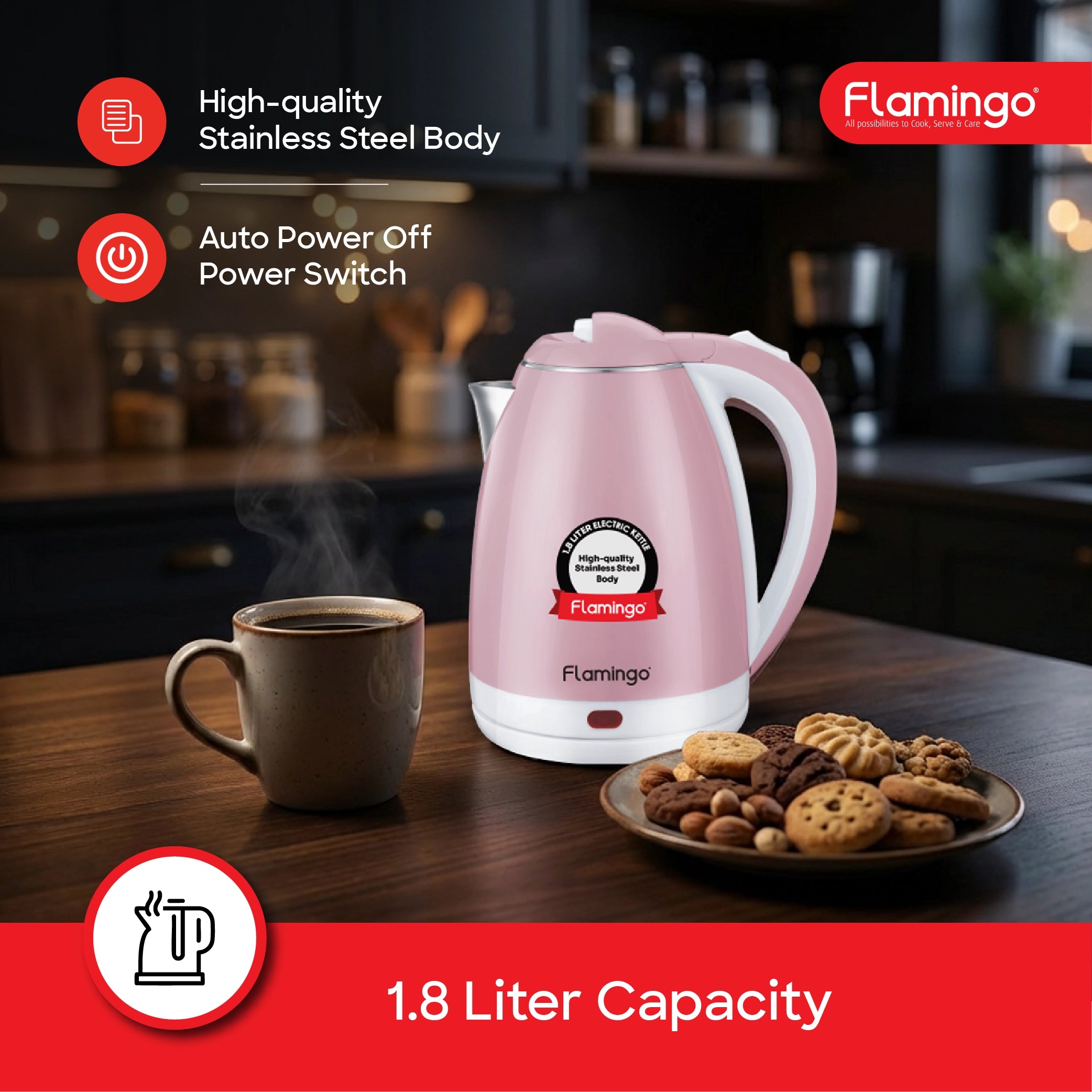 Flamingo Electric Kettle 1.8L 1500W with Stainless Steel Inner Shell - FL283EK Sanford KSA