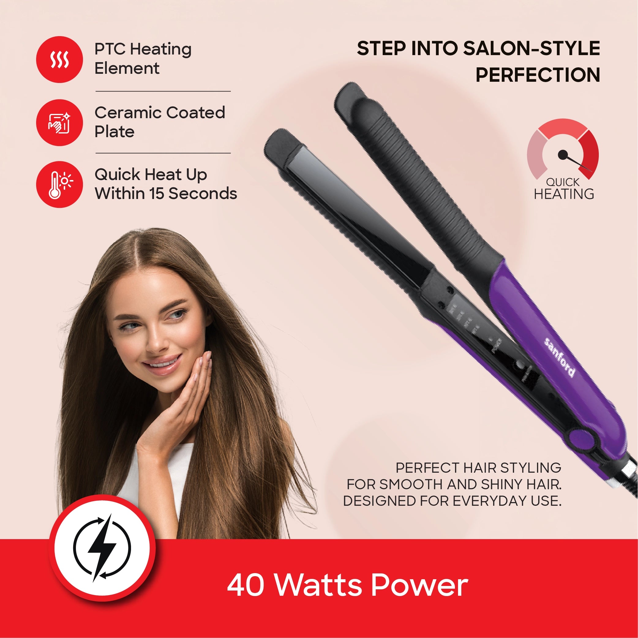 Sanford Ceramic Hair Straightener 160–220°C with Fast PTC Heating - SF1003HST Sanford KSA