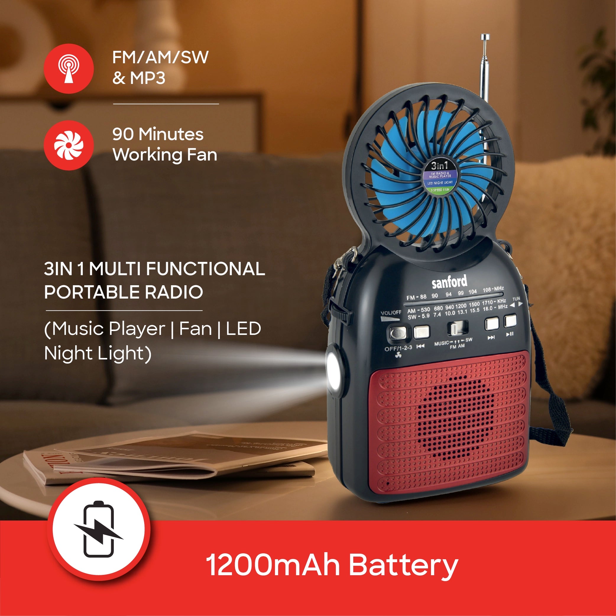 Sanford Portable Radio 3-in-1 with Solar Fan LED Light and Rechargeable Battery - SF1017PR Sanford KSA
