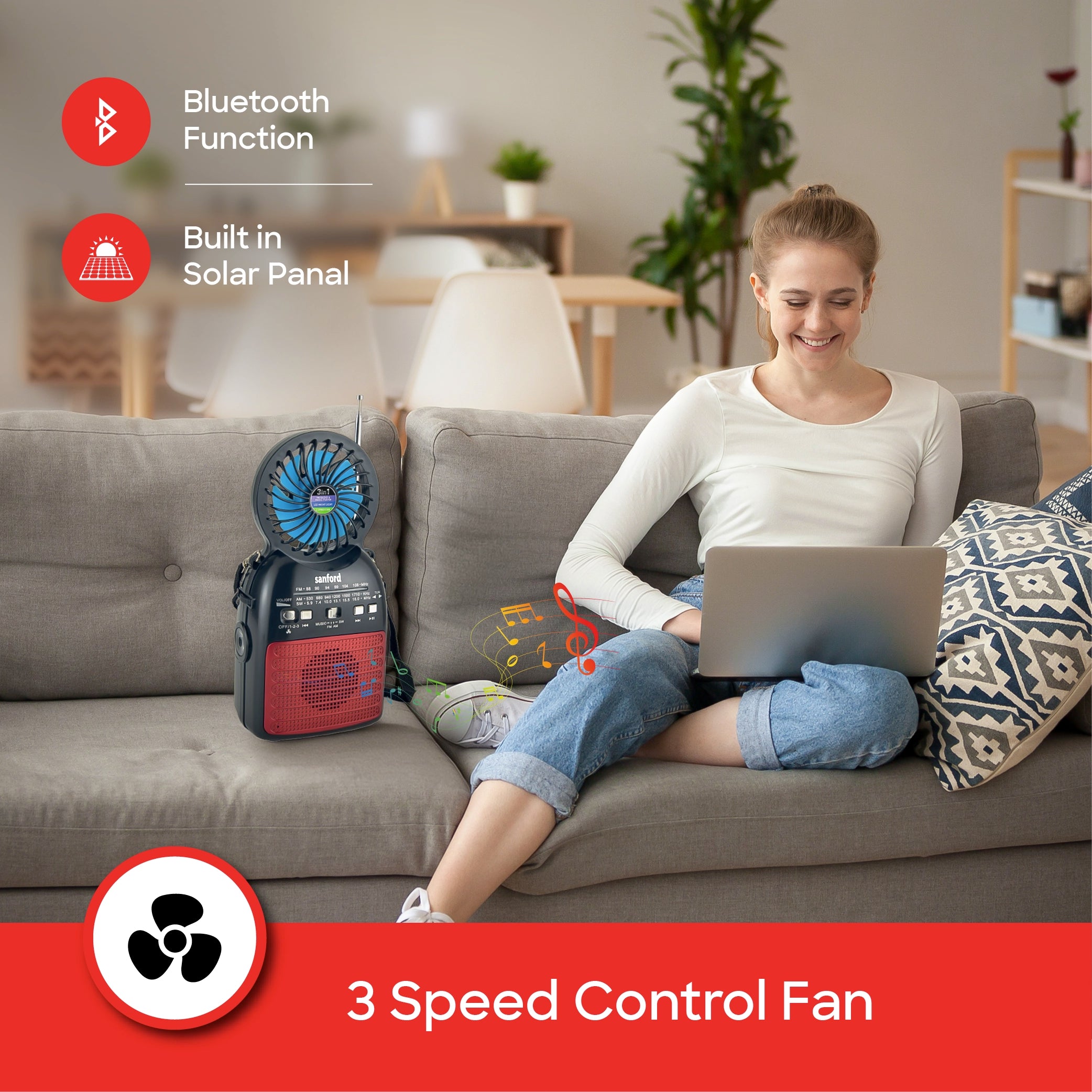 Sanford Portable Radio 3-in-1 with Solar Fan LED Light and Rechargeable Battery - SF1017PR Sanford KSA
