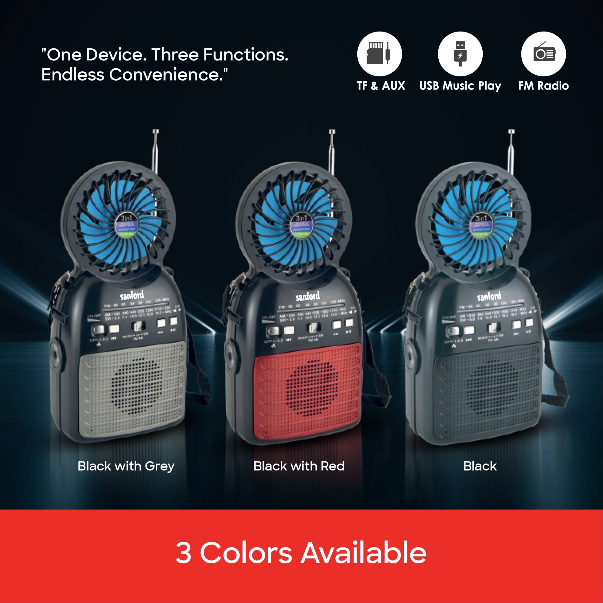 Sanford Portable Radio 3-in-1 with Solar Fan LED Light and Rechargeable Battery - SF1017PR Sanford KSA