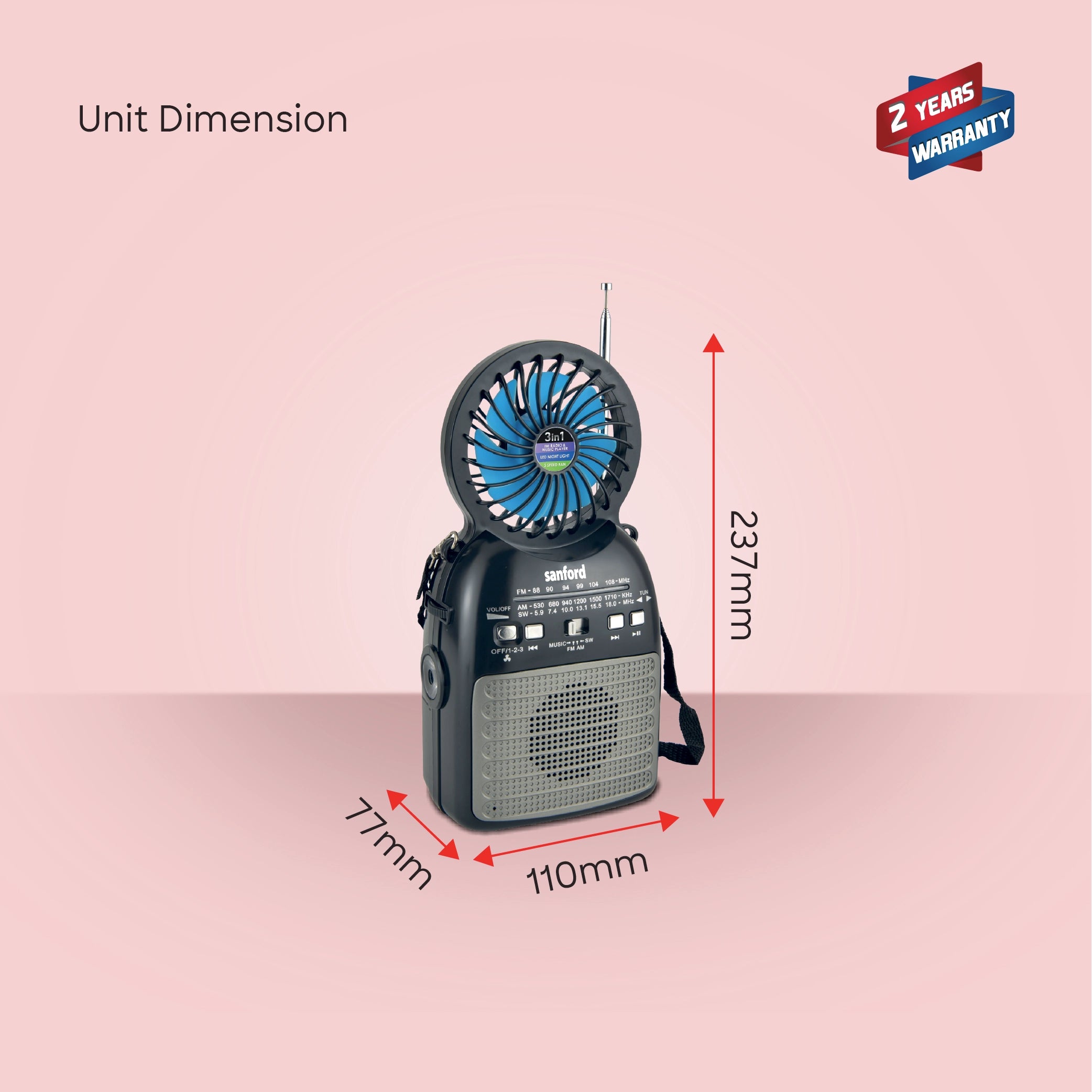 Sanford Portable Radio 3-in-1 with Solar Fan LED Light and Rechargeable Battery - SF1017PR Sanford KSA