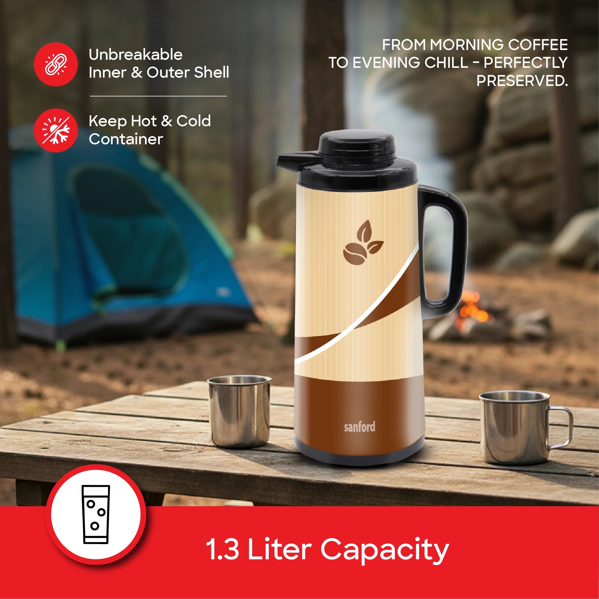 Sanford Vacuum Flask 1300ml Double Pink Glass Liner, Hot & Cold 24 Hours Retention - SF10504VF Sanford KSA