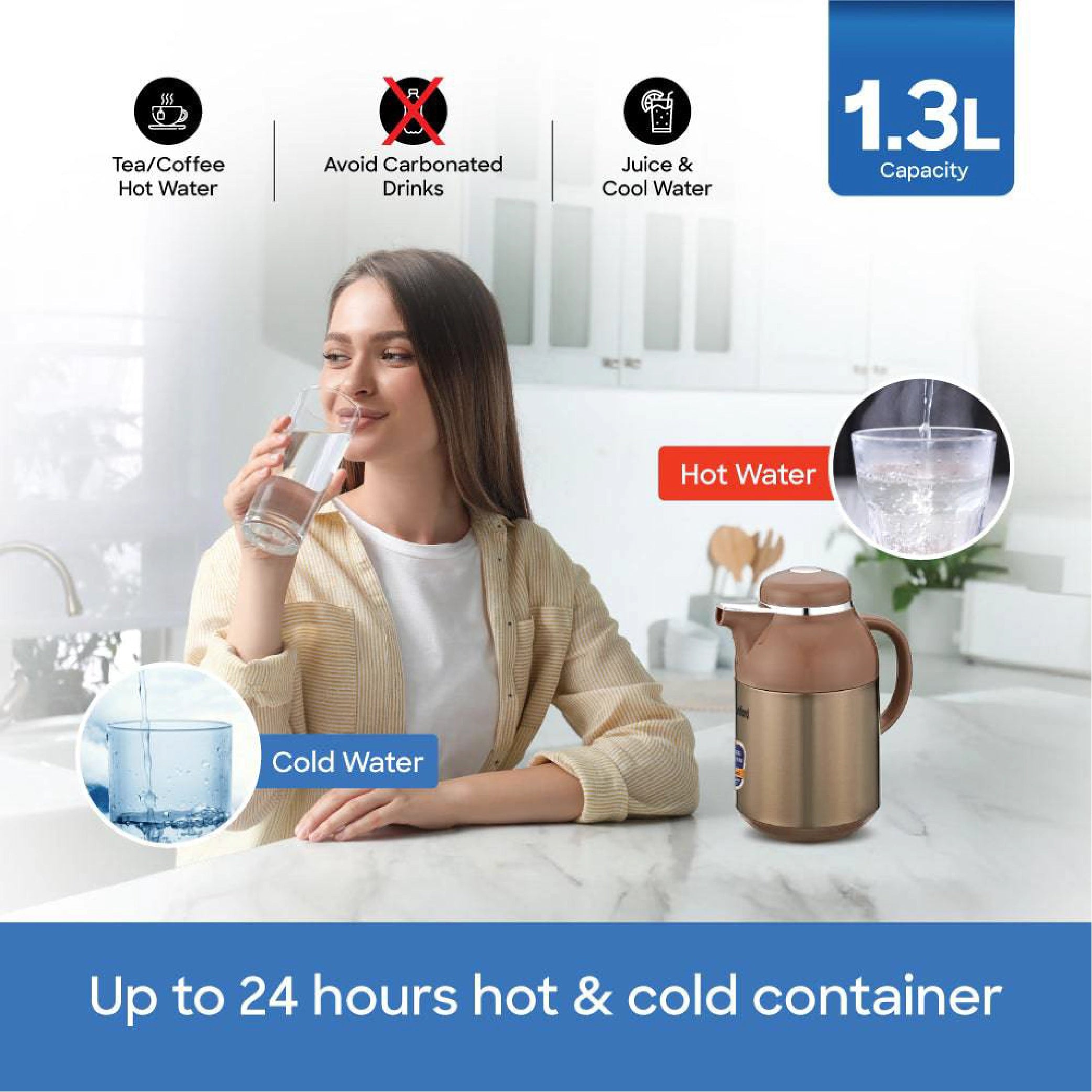 Sanford Vacuum Flask 1300ml Stainless Steel with Double Glass Liner, Hot & Cold Use - SF10516VF Sanford KSA