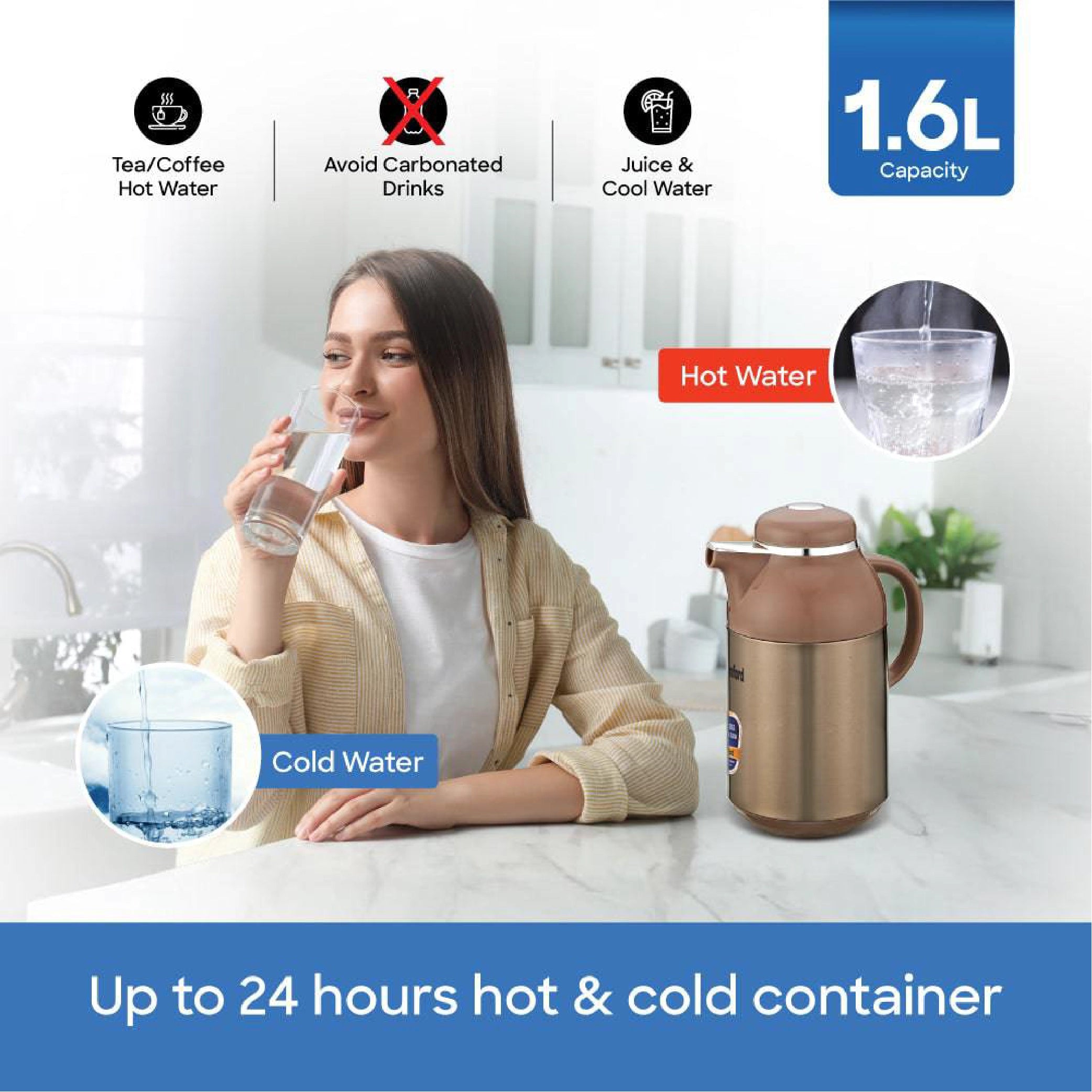 Sanford Vacuum Flask 1600ml Double Glass Liner, Hot & Cold Use - SF10517VF Sanford KSA
