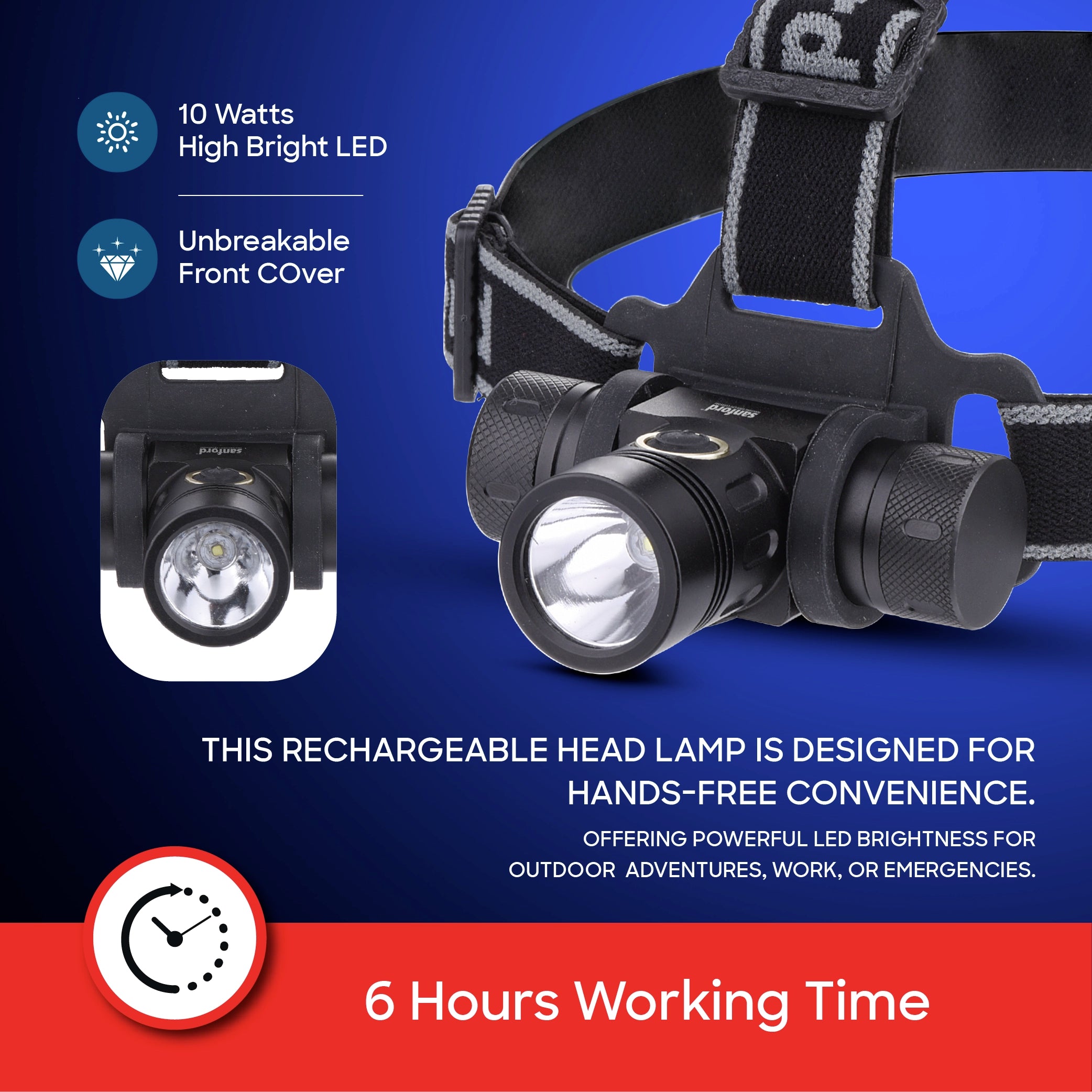 Sanford USB Rechargeable Head Lamp 10W 500 Lumens LED with 800m Range Weatherproof - SF1051HL Sanford KSA