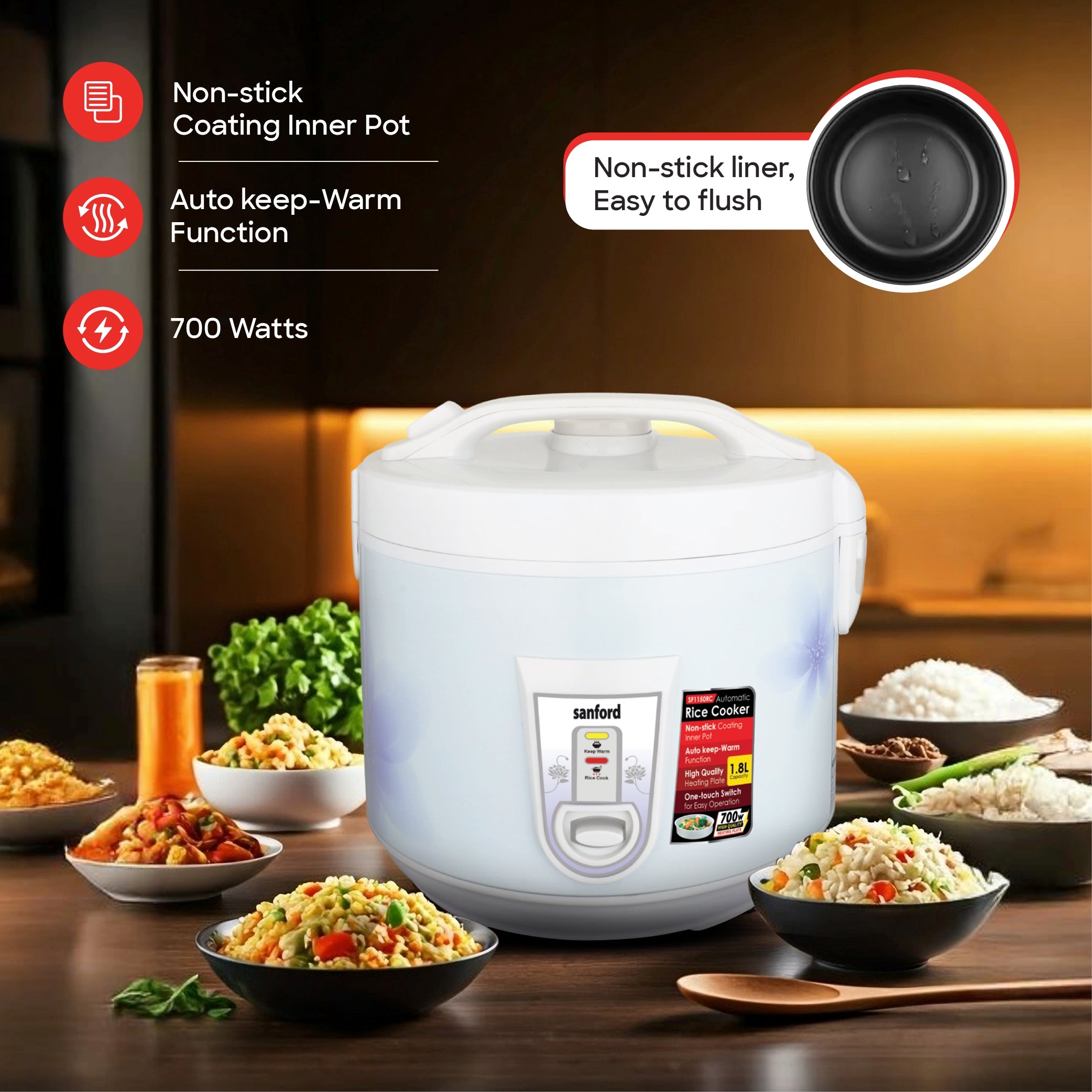 Sanford Rice Cooker 1.8L 700W with Non-Stick Aluminum Pot and Keep Warm - SF1150RC Sanford KSA