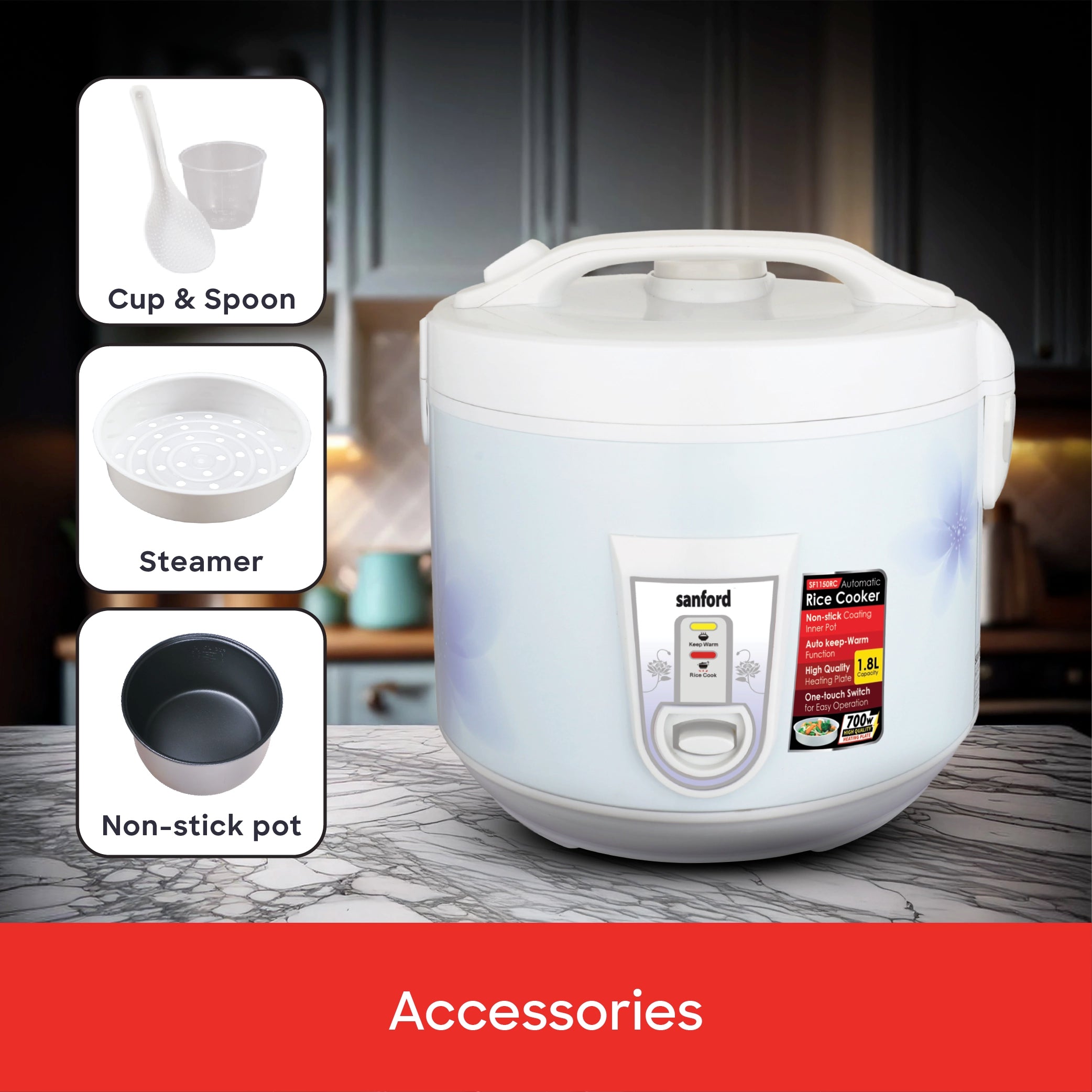 Sanford Rice Cooker 1.8L 700W with Non-Stick Aluminum Pot and Keep Warm - SF1150RC Sanford KSA
