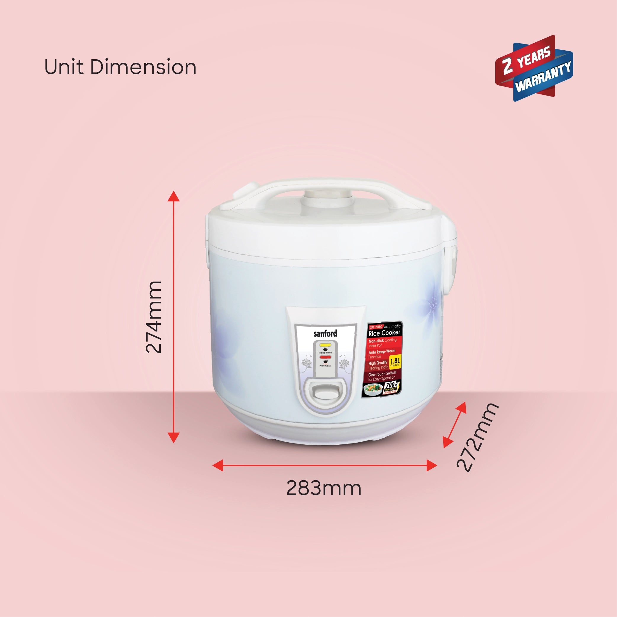 Sanford Rice Cooker 1.8L 700W with Non-Stick Aluminum Pot and Keep Warm - SF1150RC Sanford KSA