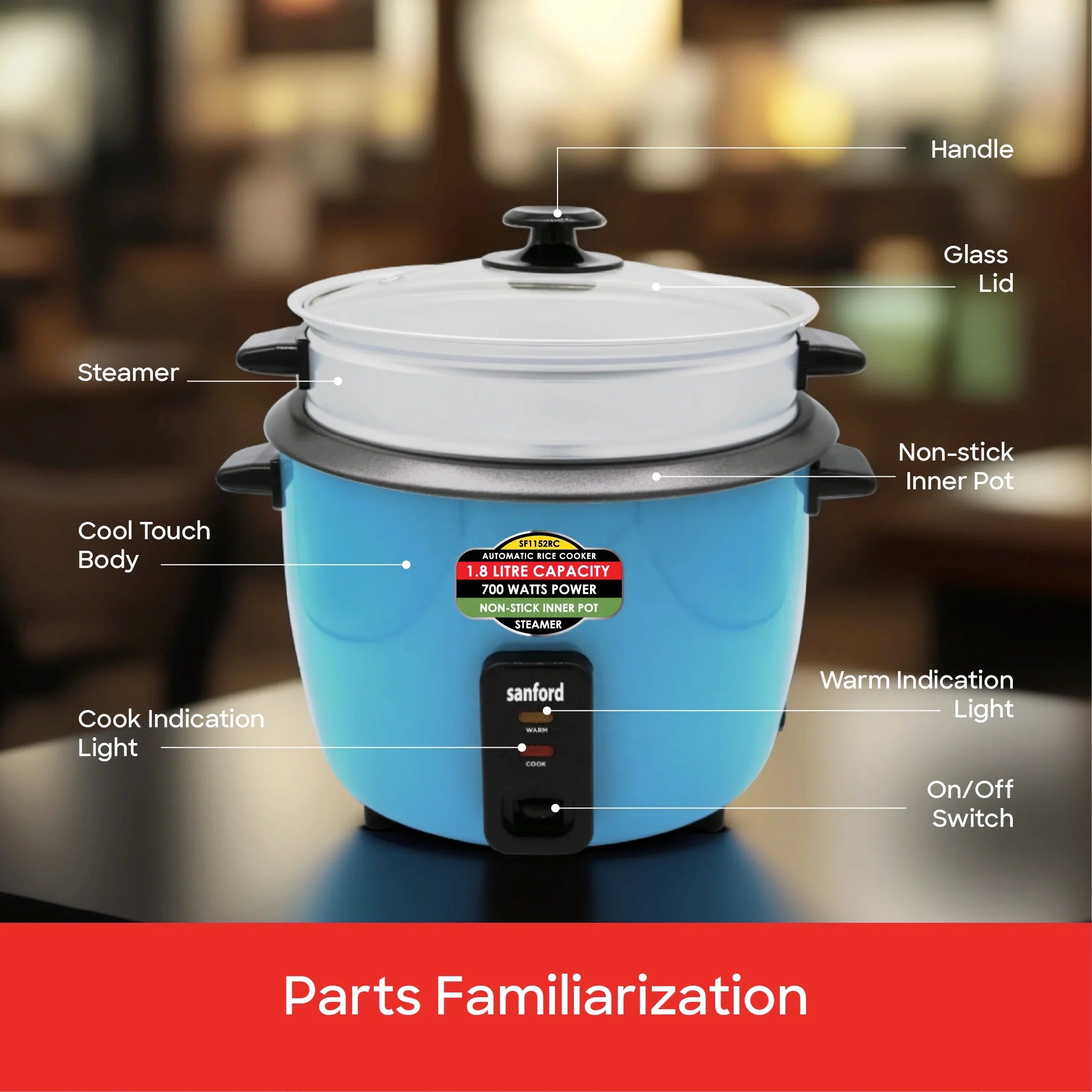 1.8L electric rice cooker with steamer sanford 8