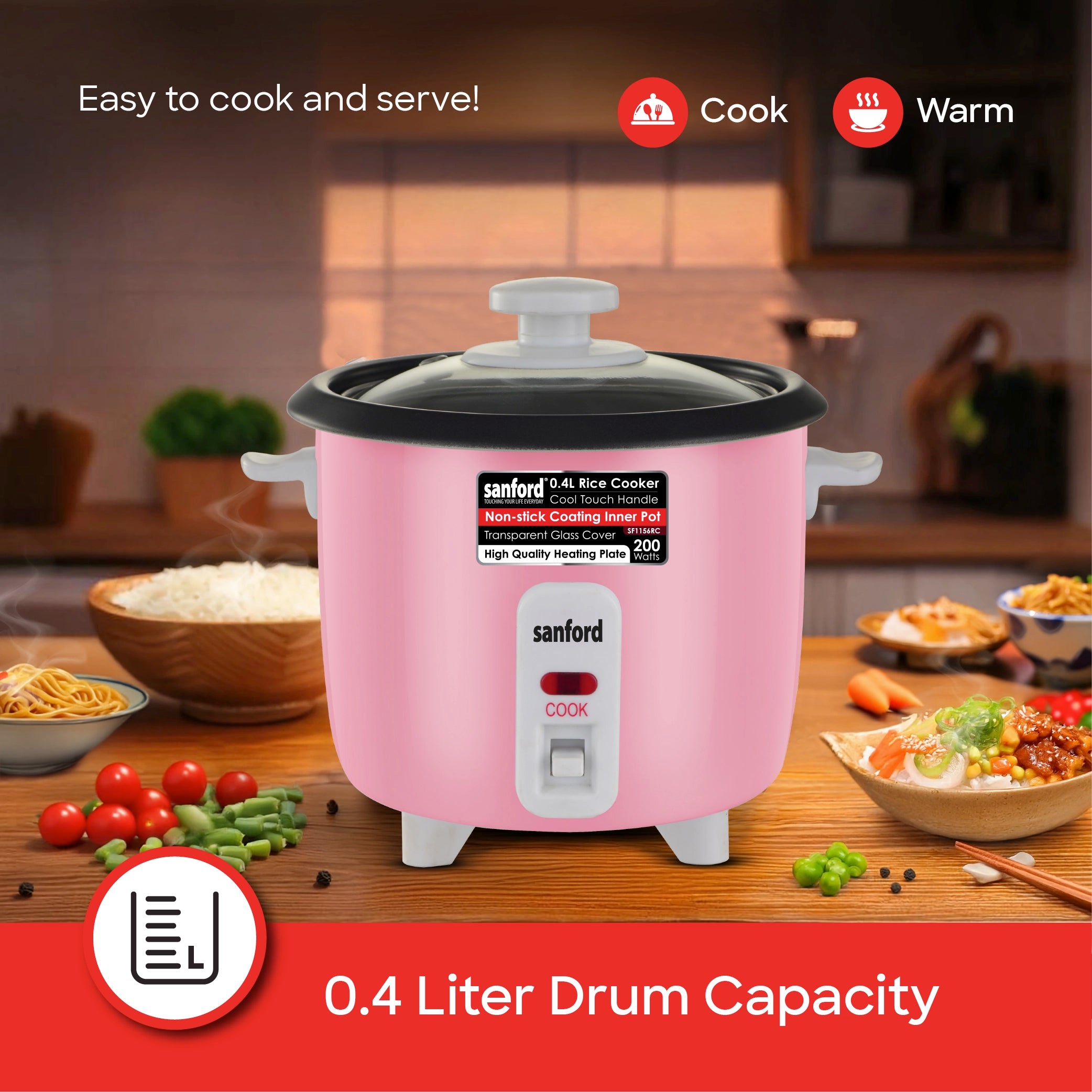 Sanford Rice Cooker 0.4L 200W with Non-Stick Aluminum Pot and Keep Warm - SF1156RC Sanford KSA