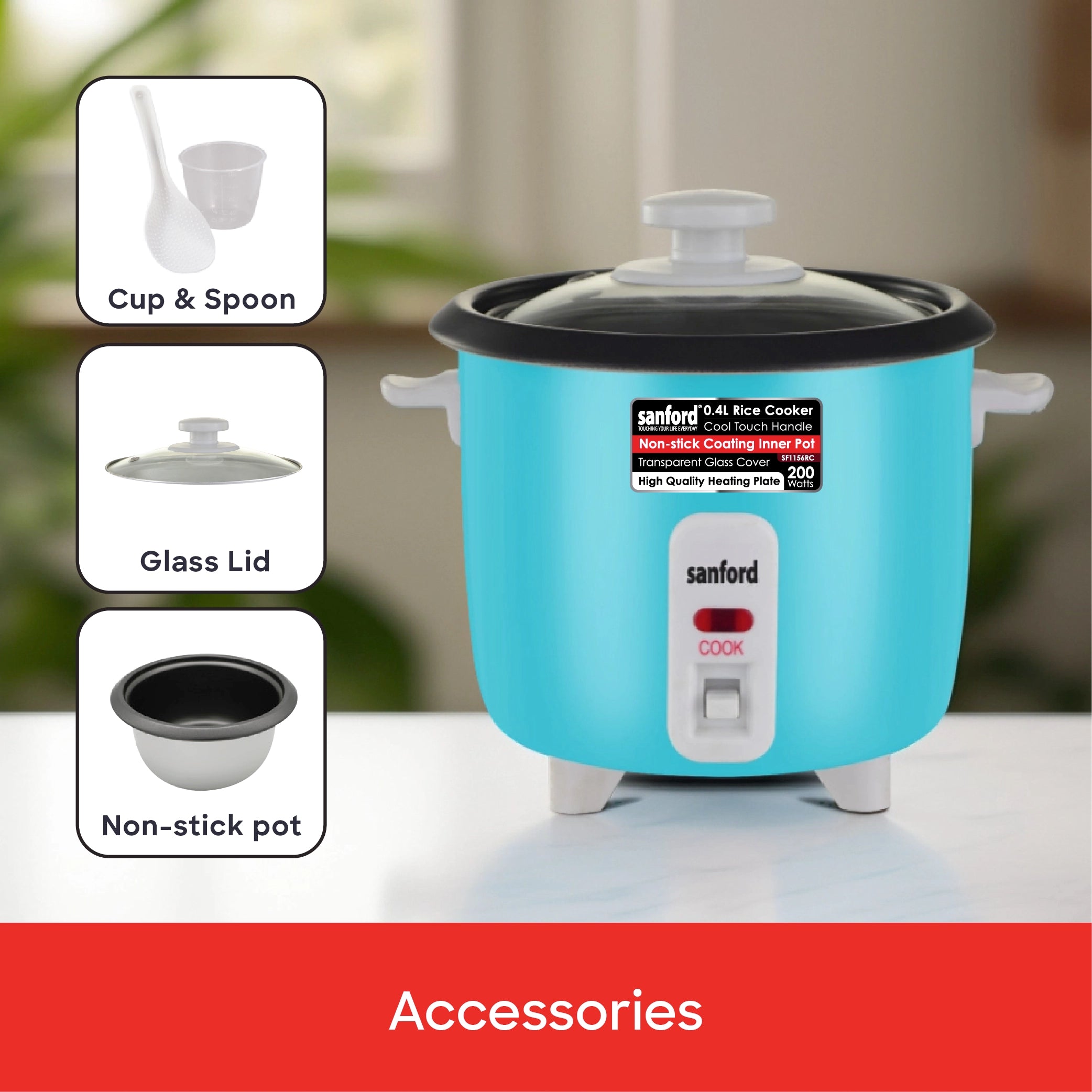 Sanford Rice Cooker 0.4L 200W with Non-Stick Aluminum Pot and Keep Warm - SF1156RC Sanford KSA