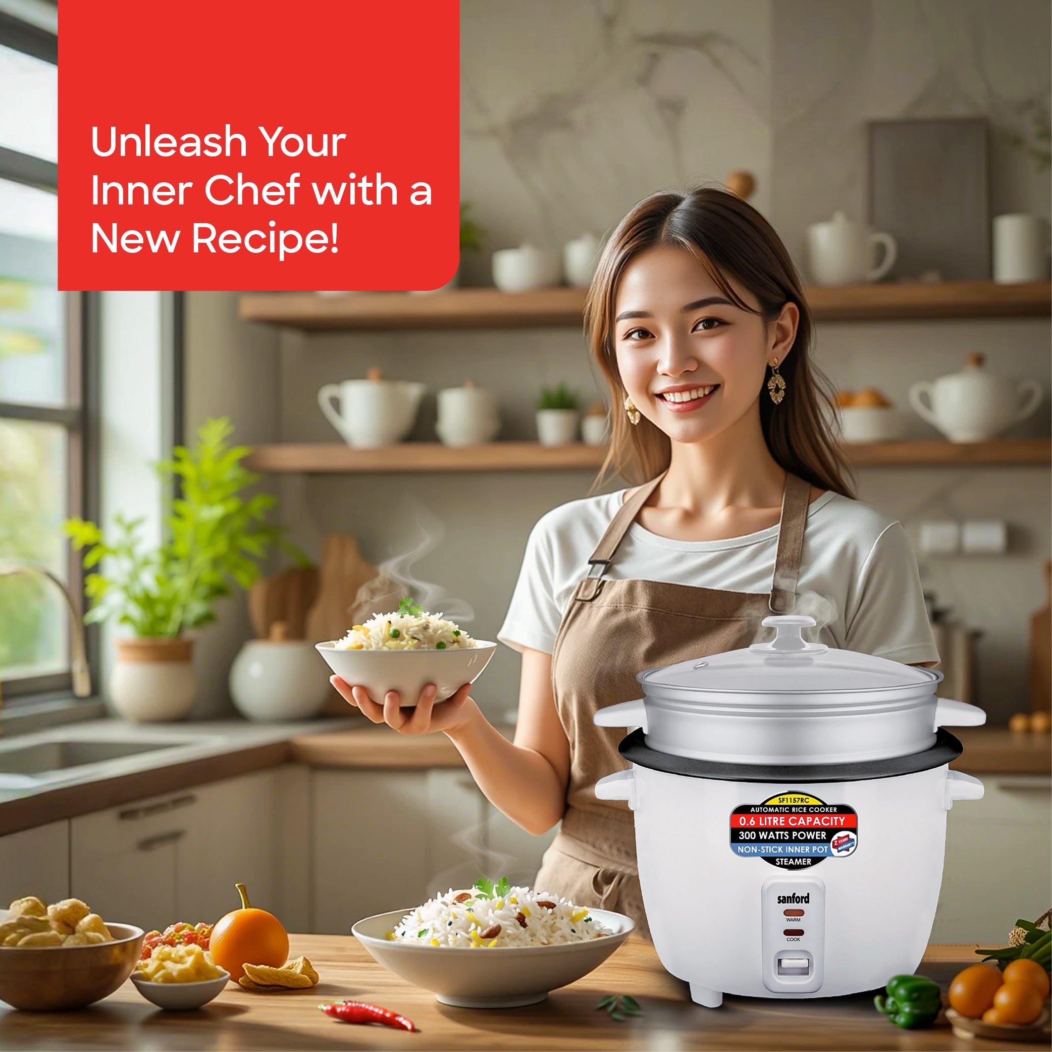 Sanford Rice Cooker 0.6L with Non-Stick Aluminum Pot, Compact Design and Keep Warm - SF1157RC Sanford KSA