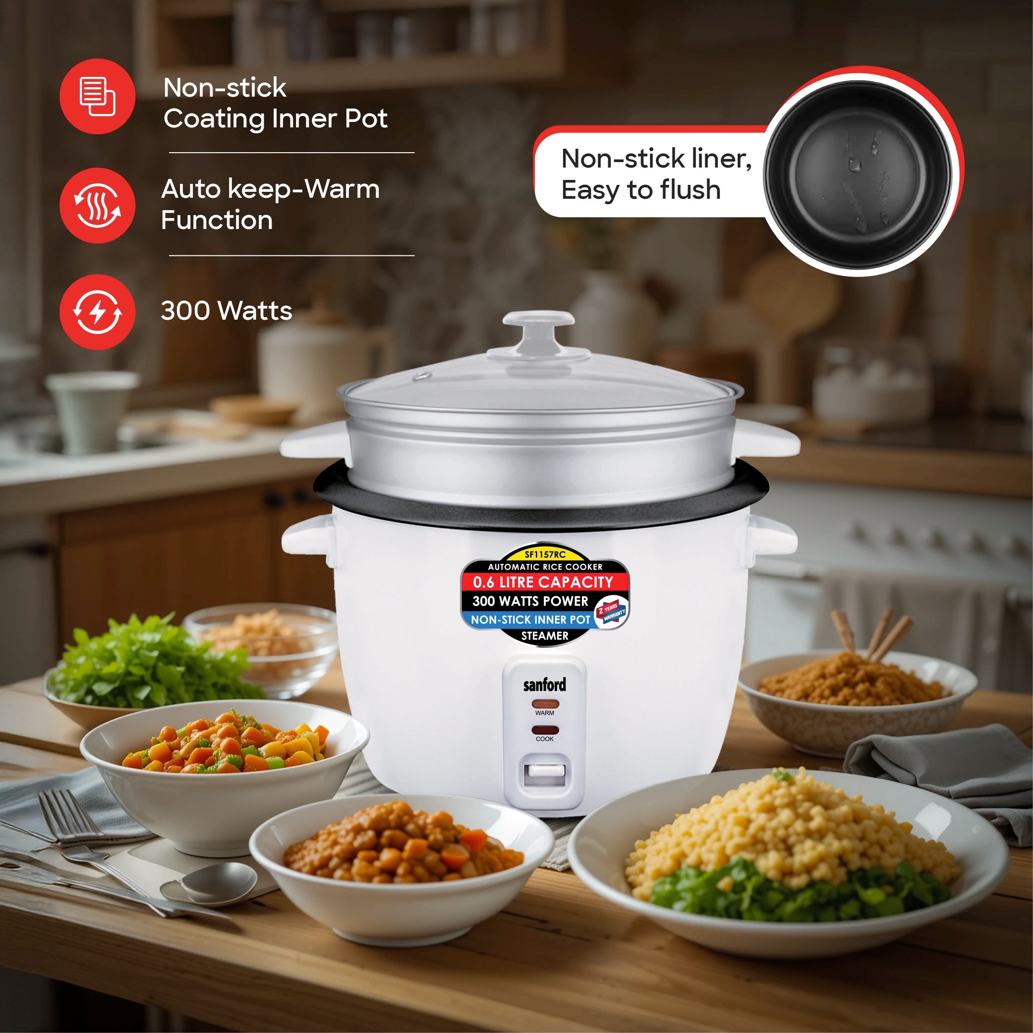 Sanford Rice Cooker 0.6L with Non-Stick Aluminum Pot, Compact Design and Keep Warm - SF1157RC Sanford KSA