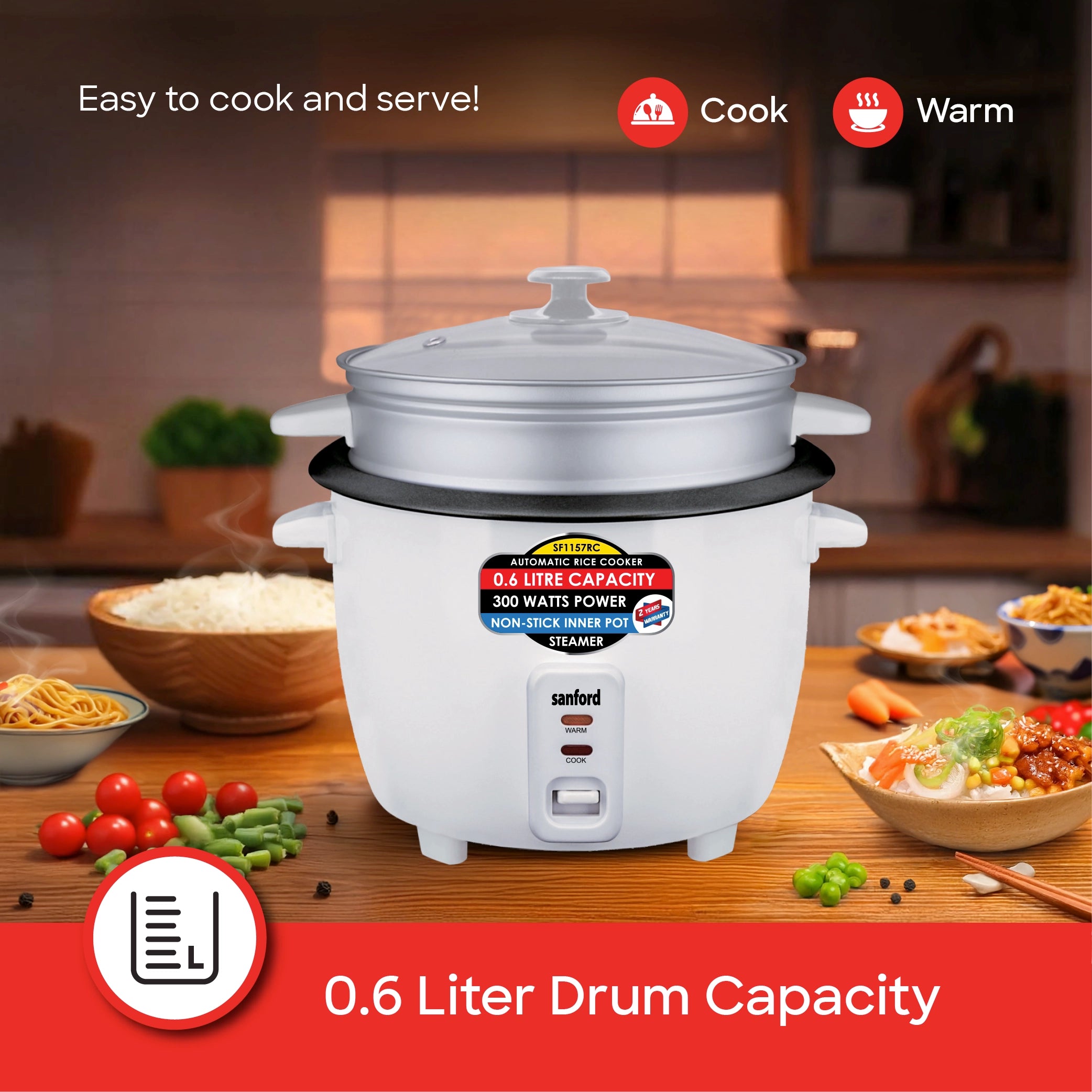 Sanford Rice Cooker 0.6L with Non-Stick Aluminum Pot, Compact Design and Keep Warm - SF1157RC Sanford KSA
