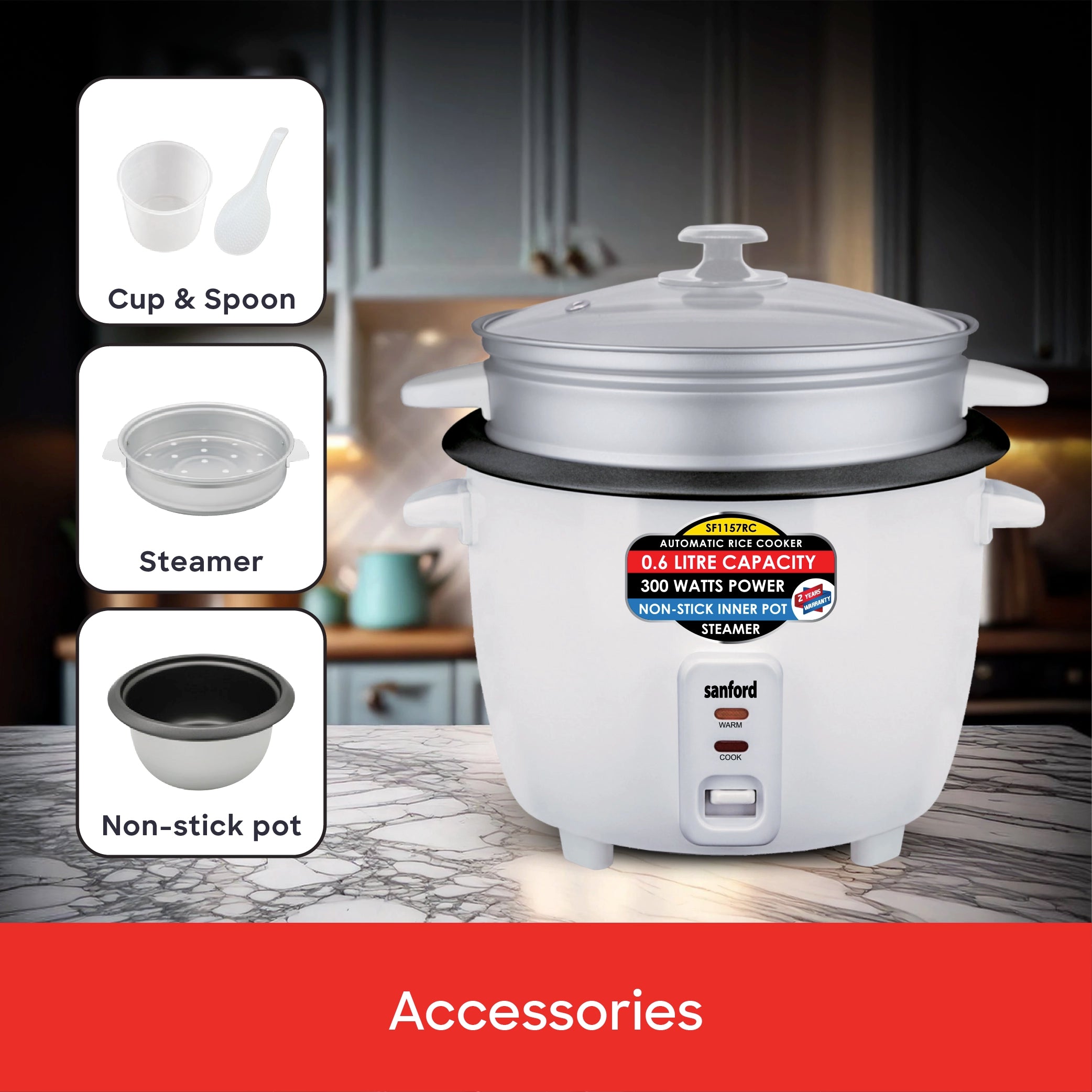 Sanford Rice Cooker 0.6L with Non-Stick Aluminum Pot, Compact Design and Keep Warm - SF1157RC Sanford KSA