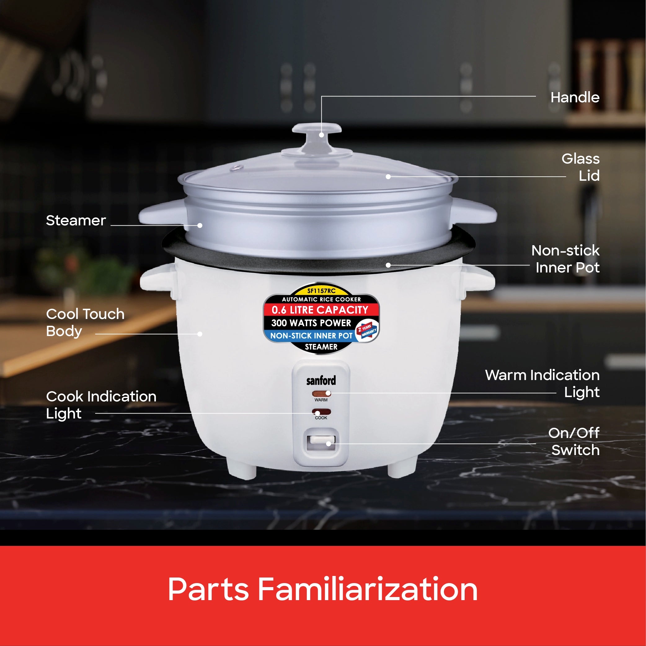 Sanford Rice Cooker 0.6L with Non-Stick Aluminum Pot, Compact Design and Keep Warm - SF1157RC Sanford KSA