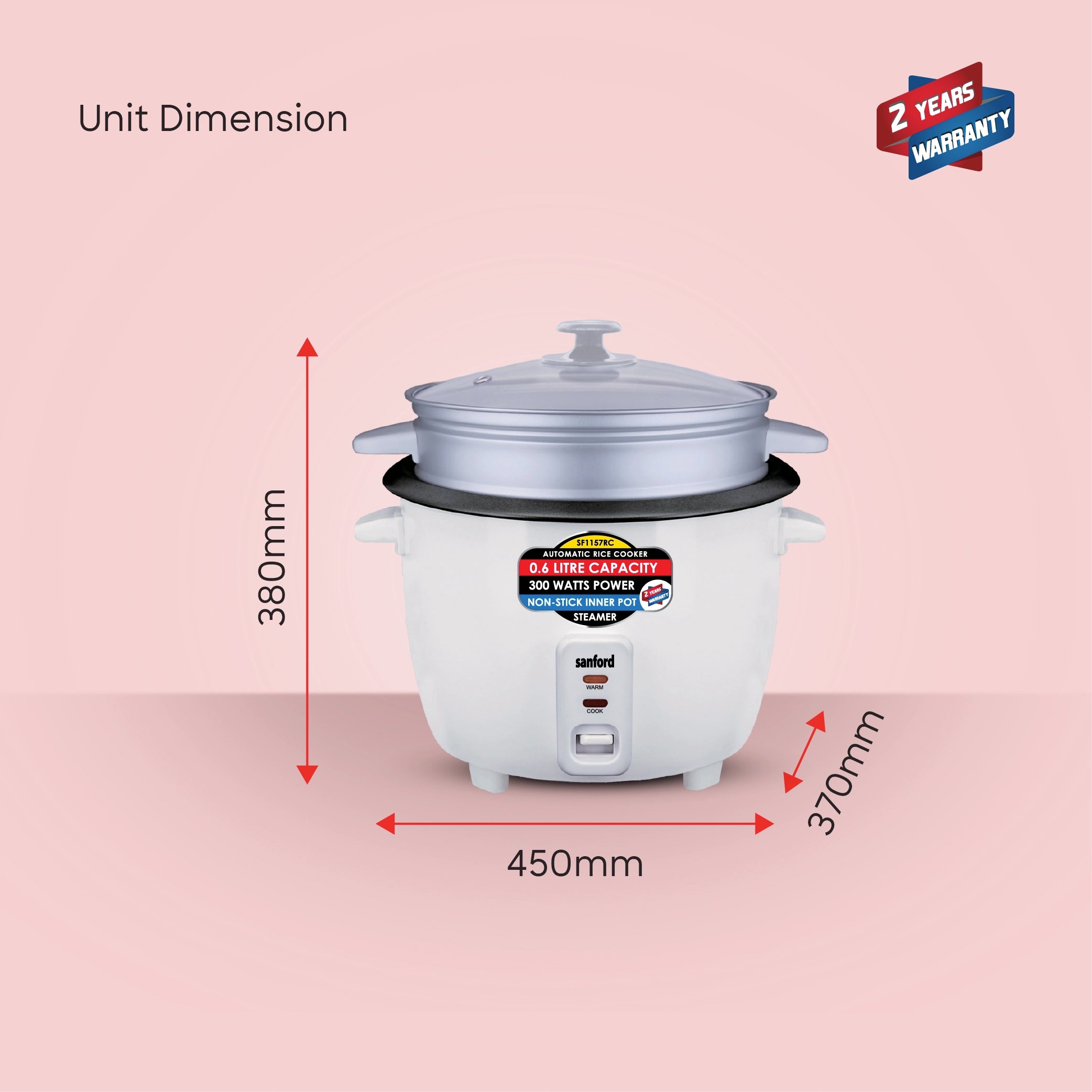 Sanford Rice Cooker 0.6L with Non-Stick Aluminum Pot, Compact Design and Keep Warm - SF1157RC Sanford KSA