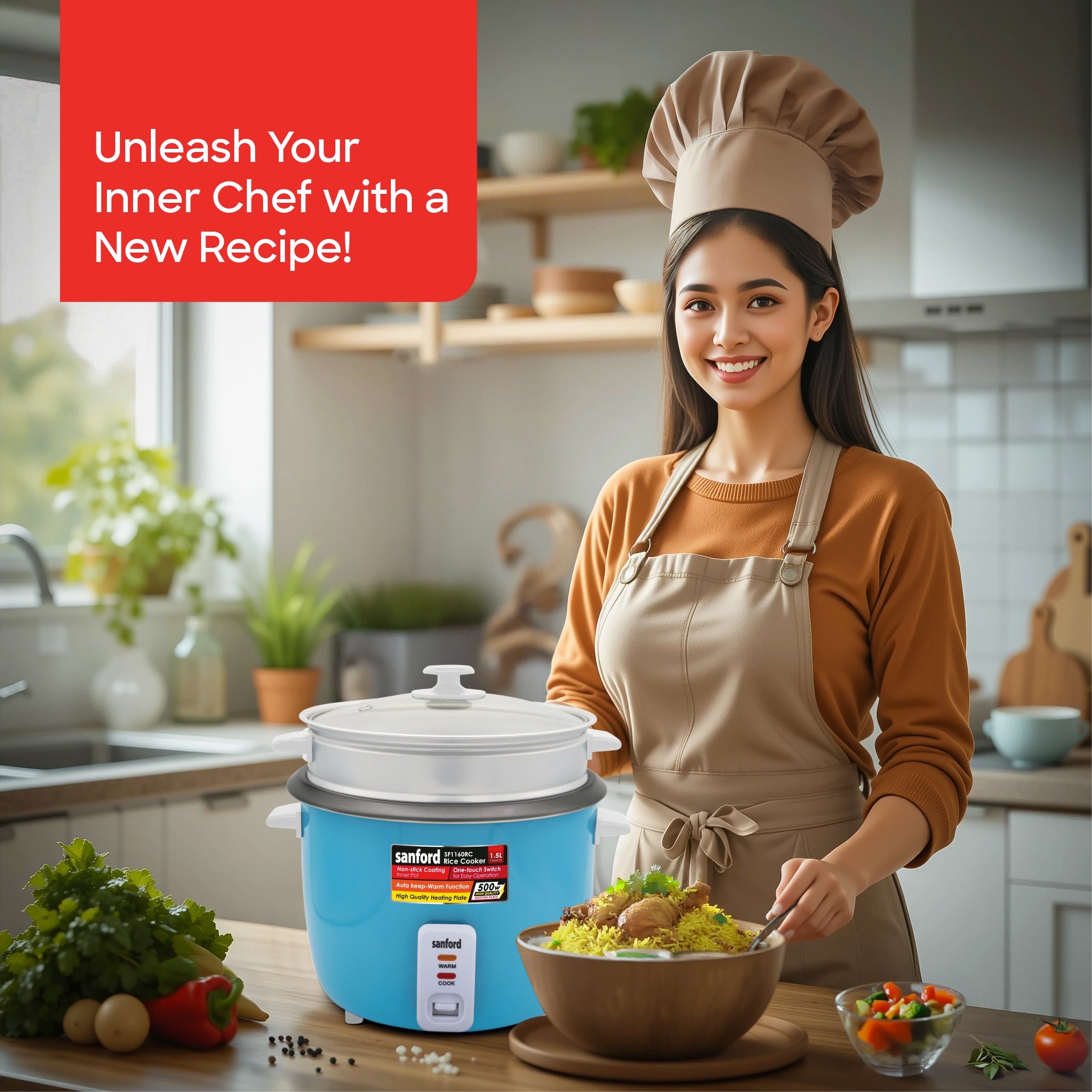 Sanford Rice Cooker 1.5L 500W with Non-Stick Aluminum Pot and Keep Warm - SF1160RC Sanford KSA