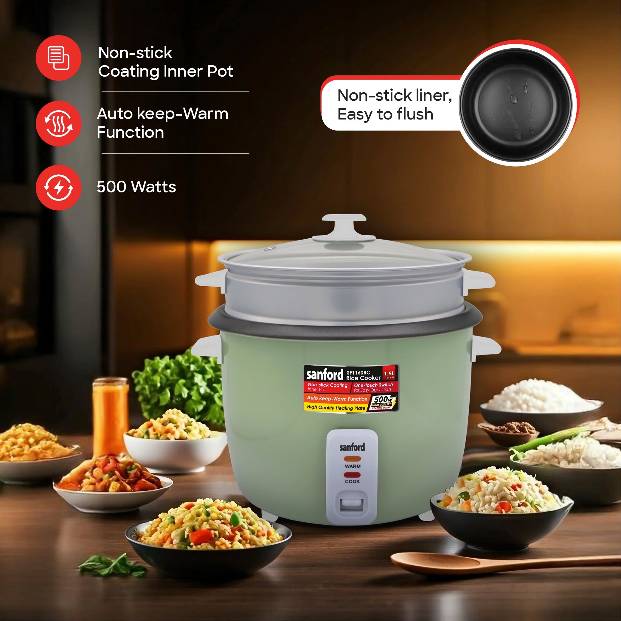 Sanford Rice Cooker 1.5L 500W with Non-Stick Aluminum Pot and Keep Warm - SF1160RC Sanford KSA