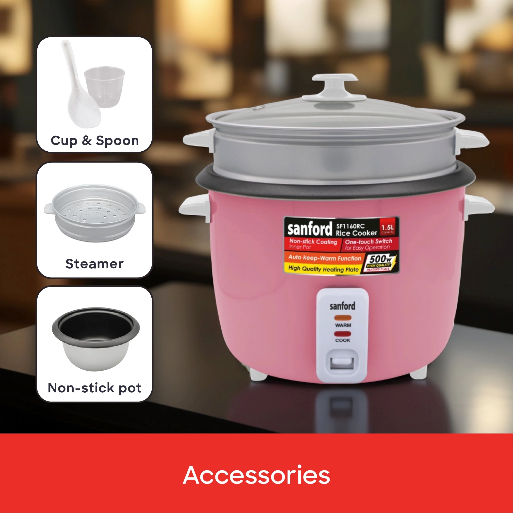 Sanford Rice Cooker 1.5L 500W with Non-Stick Aluminum Pot and Keep Warm - SF1160RC Sanford KSA