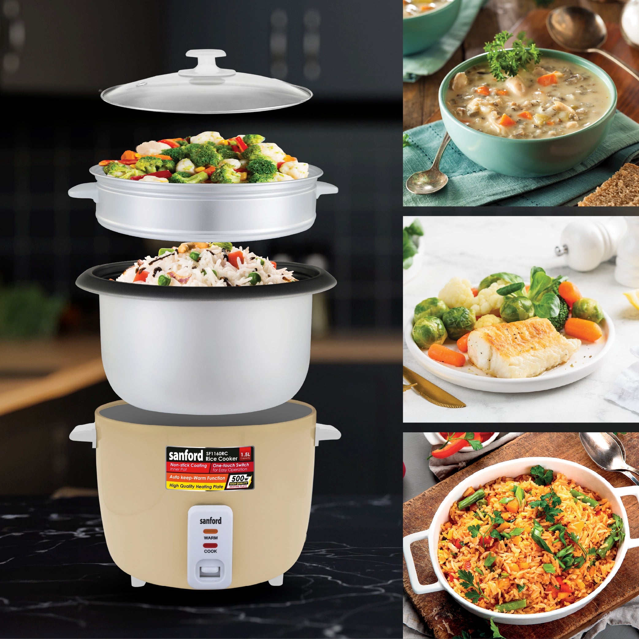 Sanford Rice Cooker 1.5L 500W with Non-Stick Aluminum Pot and Keep Warm - SF1160RC Sanford KSA