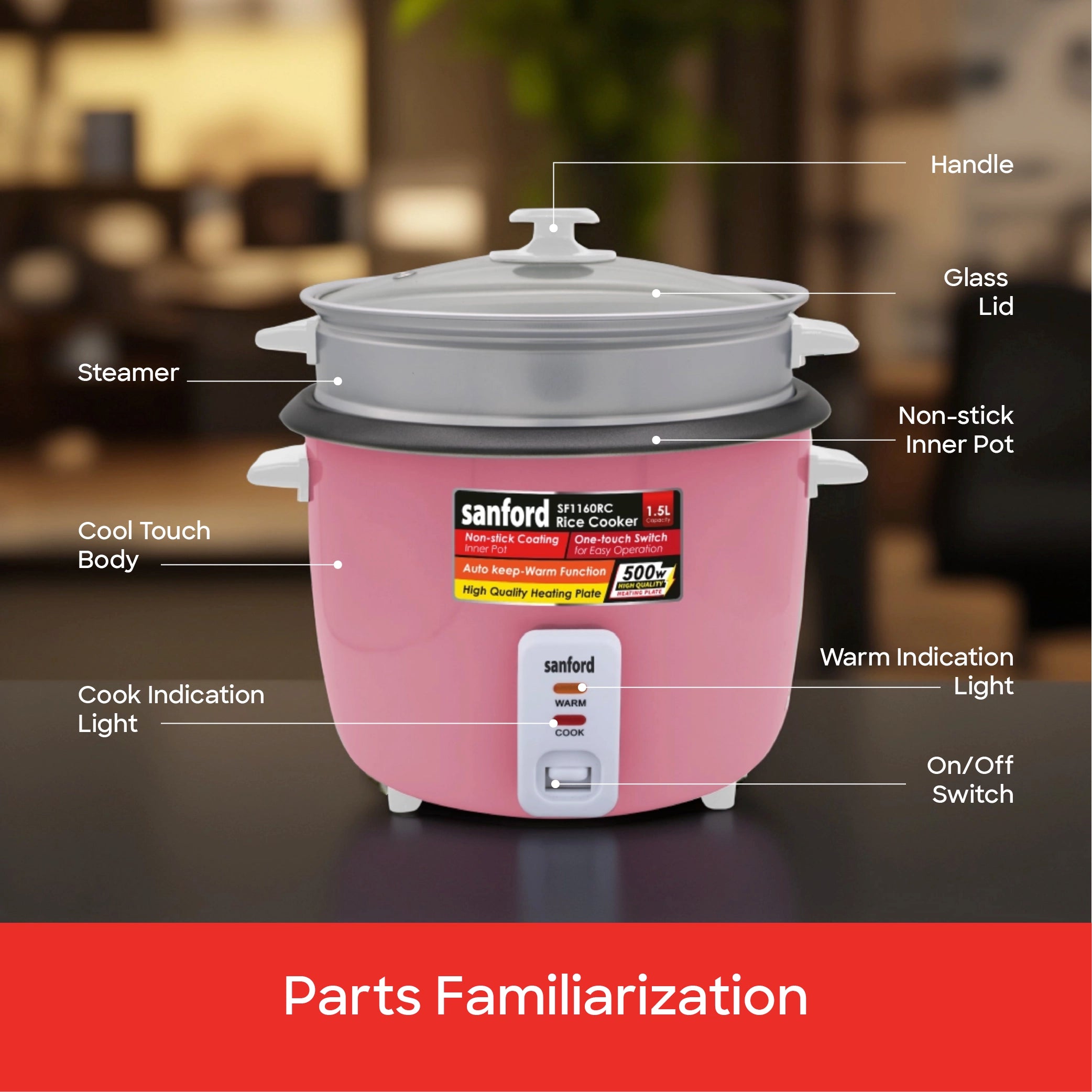 Sanford Rice Cooker 1.5L 500W with Non-Stick Aluminum Pot and Keep Warm - SF1160RC Sanford KSA