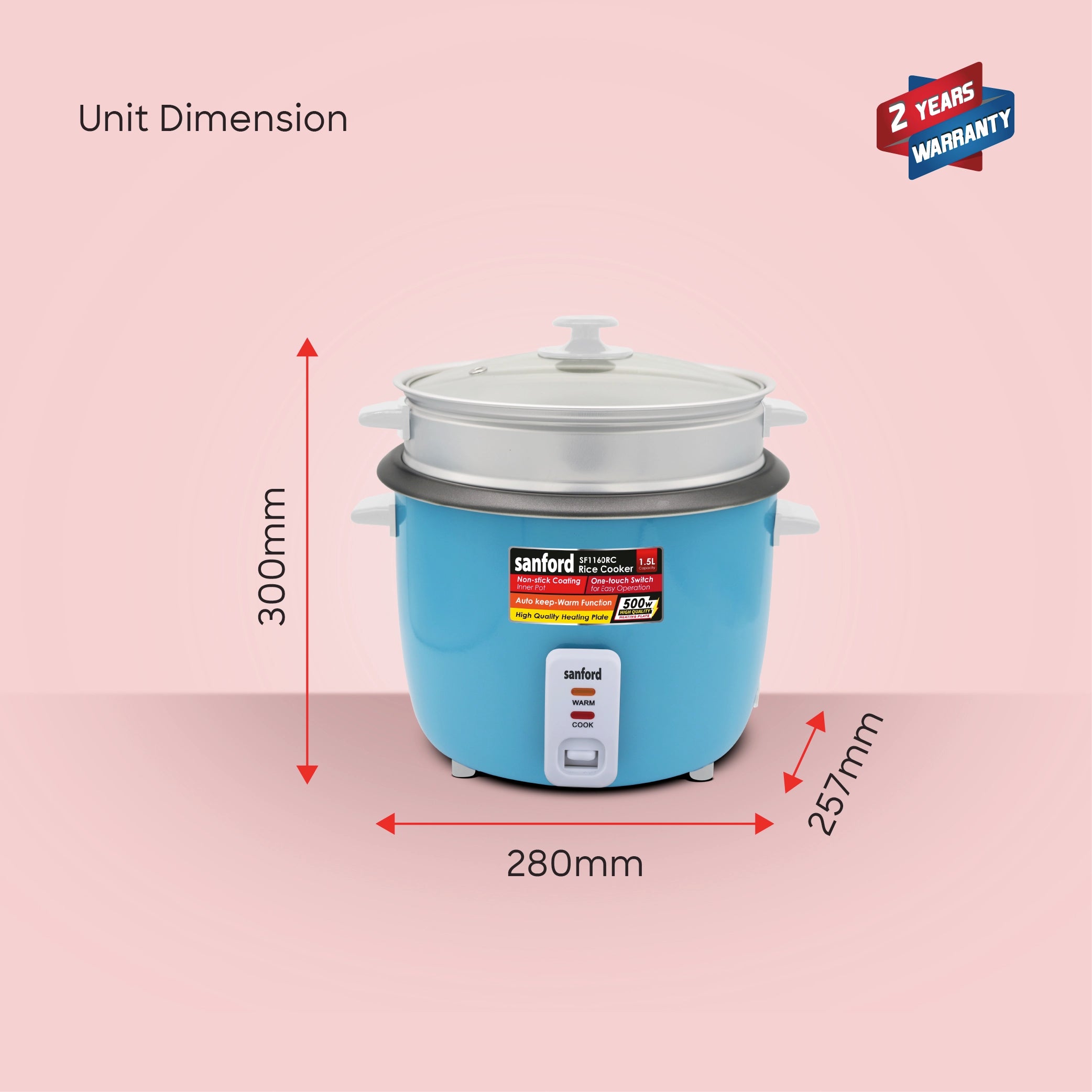 Sanford Rice Cooker 1.5L 500W with Non-Stick Aluminum Pot and Keep Warm - SF1160RC Sanford KSA