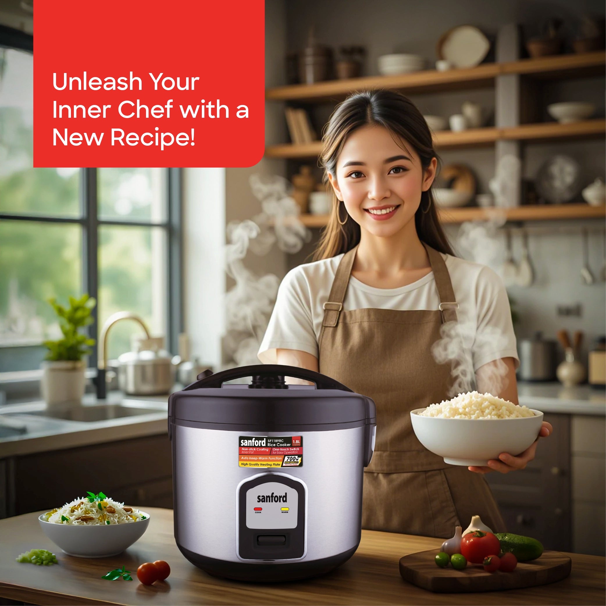 Sanford Rice Cooker 1.8L 700W with Stainless Steel Body and Keep Warm - SF1189RC Sanford KSA