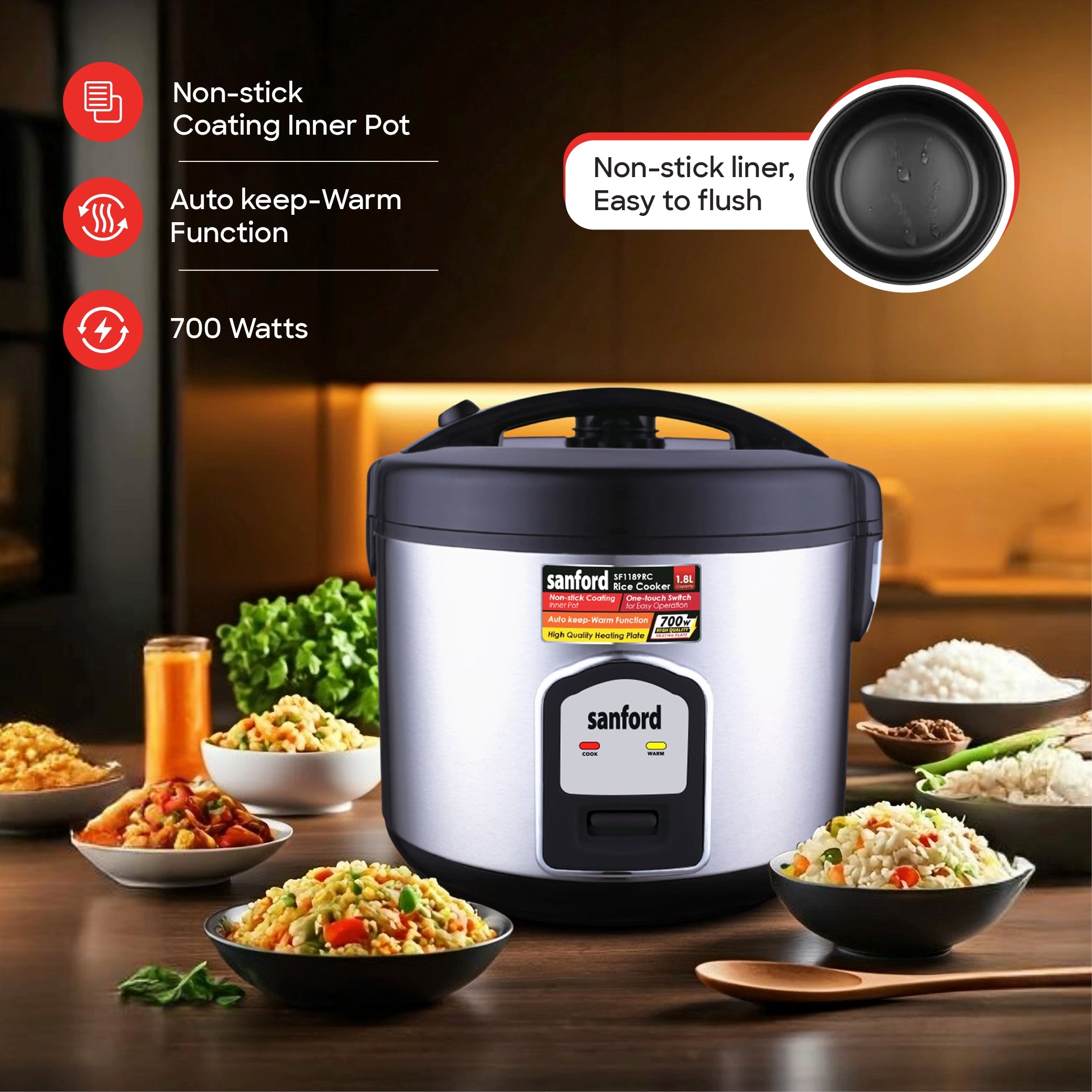 Sanford Rice Cooker 1.8L 700W with Stainless Steel Body and Keep Warm - SF1189RC Sanford KSA