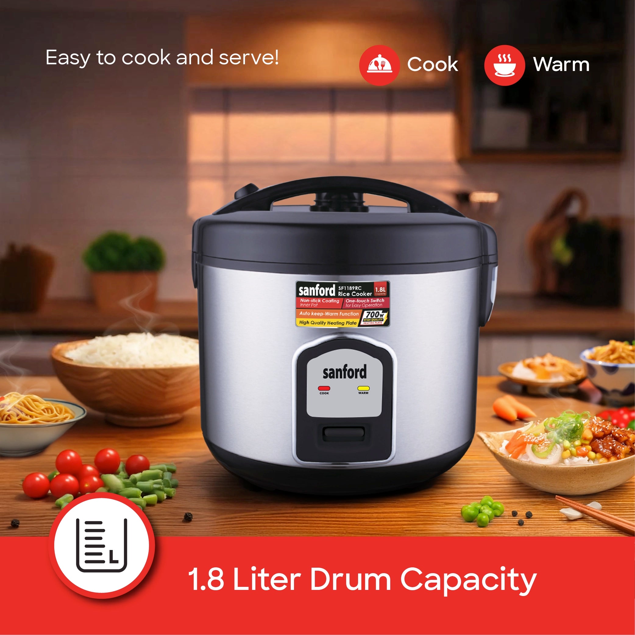 Sanford Rice Cooker 1.8L 700W with Stainless Steel Body and Keep Warm - SF1189RC Sanford KSA