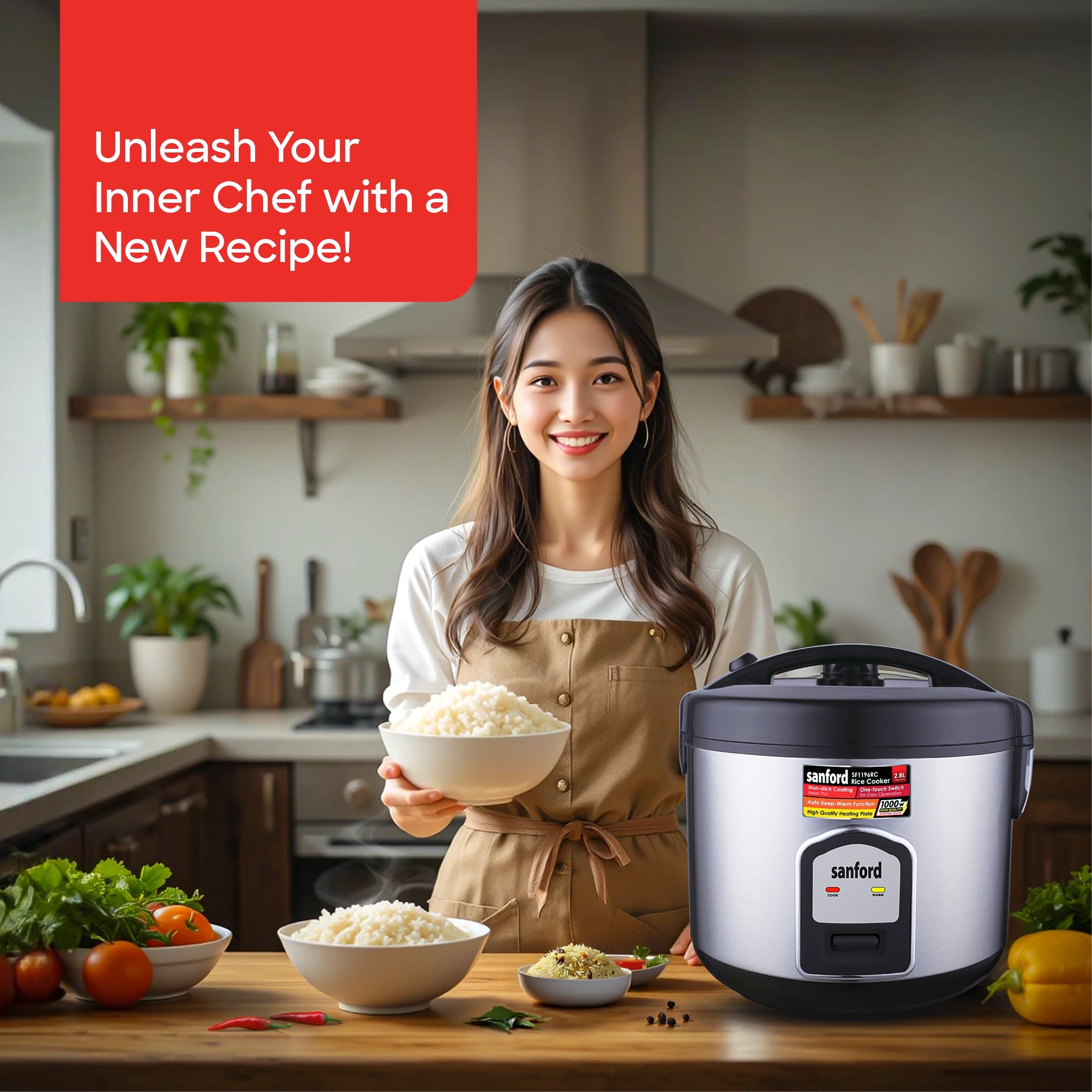 Sanford Rice Cooker 2.8L 1000W with Stainless Steel Body and Keep Warm - SF1196RC Sanford KSA