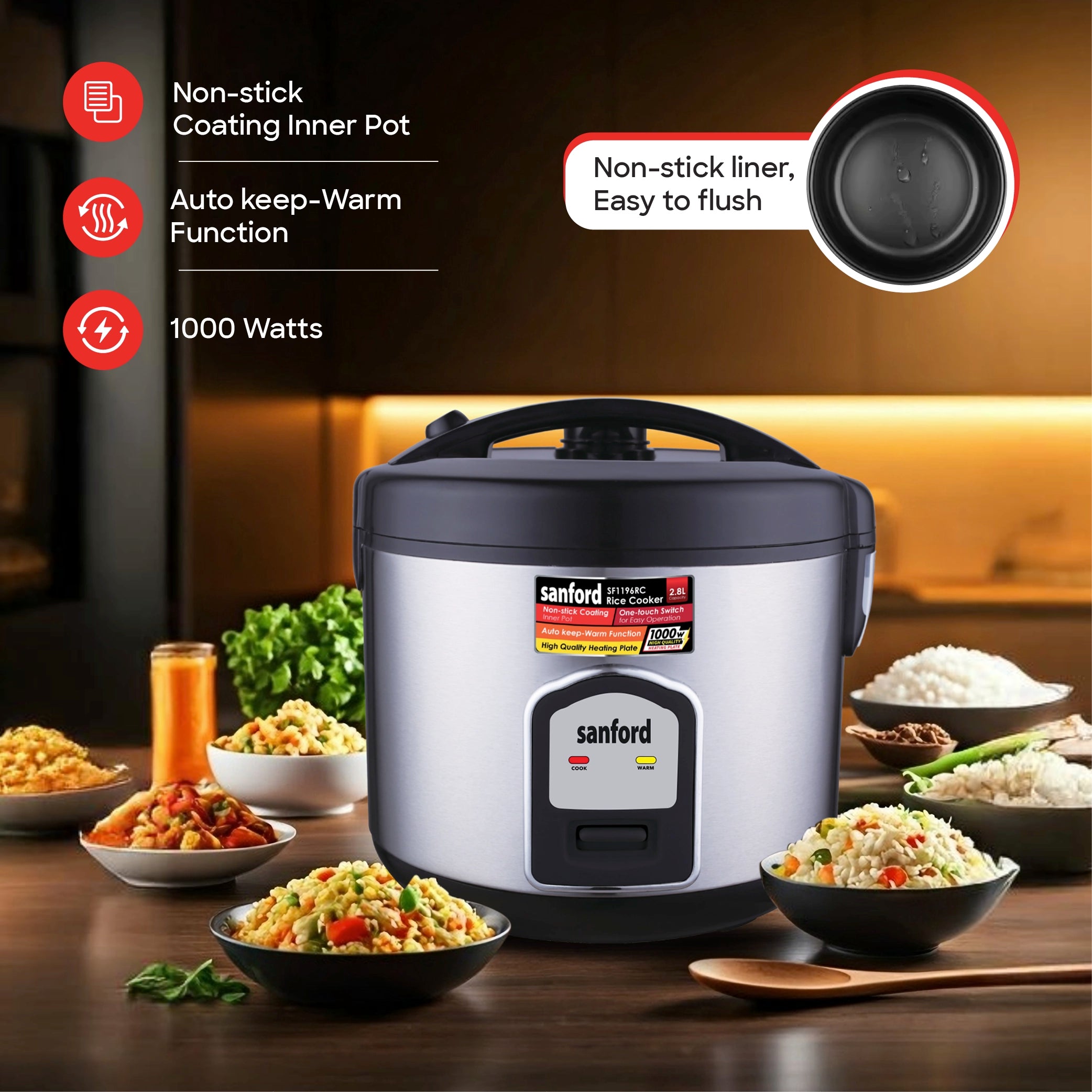 Sanford Rice Cooker 2.8L 1000W with Stainless Steel Body and Keep Warm - SF1196RC Sanford KSA