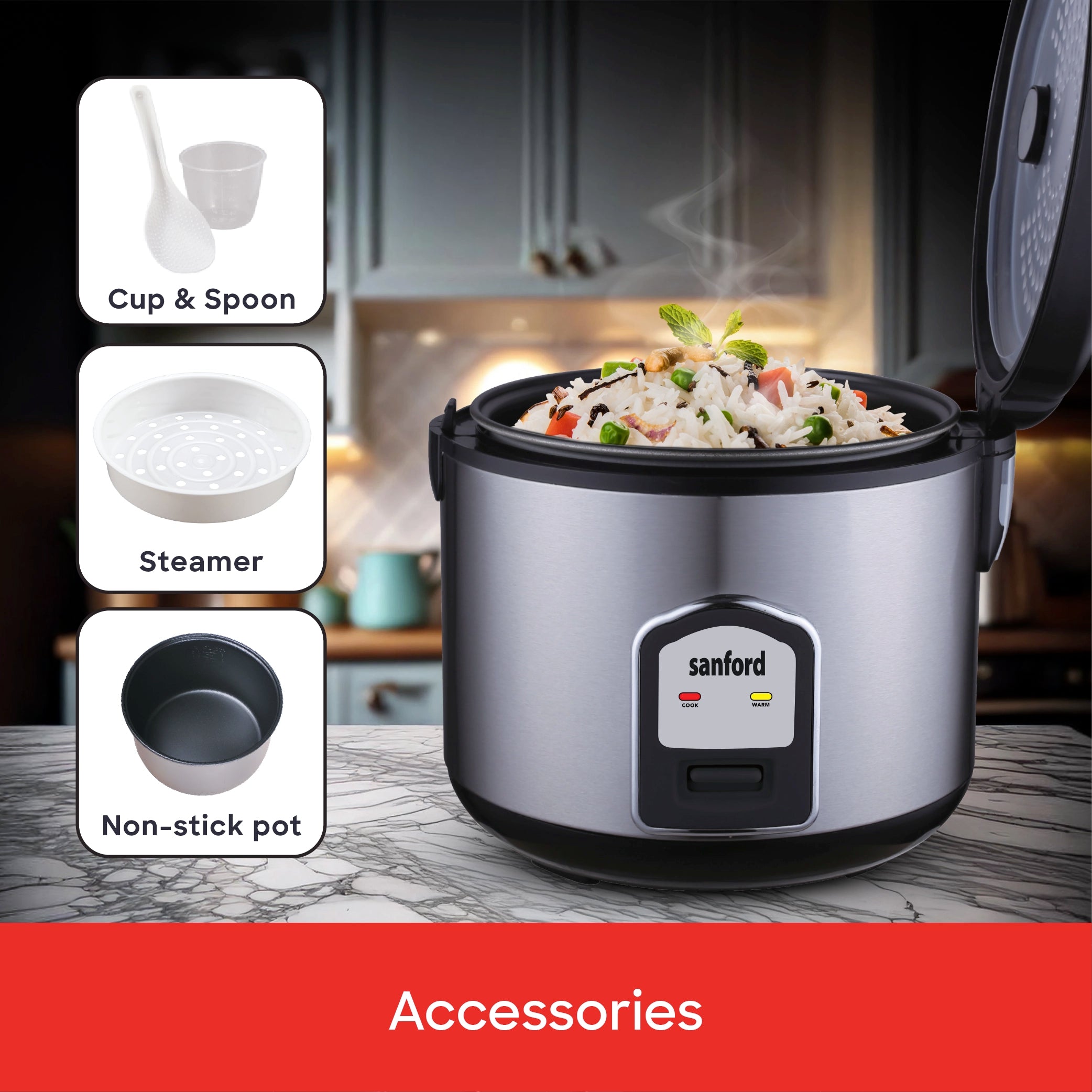 Sanford Rice Cooker 2.8L 1000W with Stainless Steel Body and Keep Warm - SF1196RC Sanford KSA