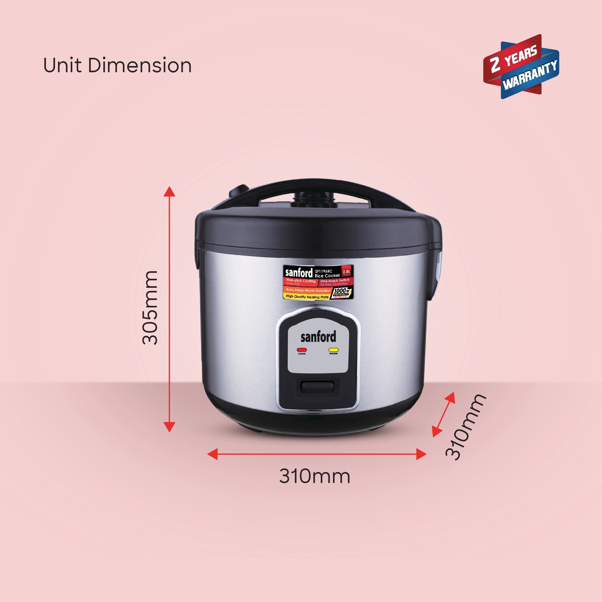 Sanford Rice Cooker 2.8L 1000W with Stainless Steel Body and Keep Warm - SF1196RC Sanford KSA