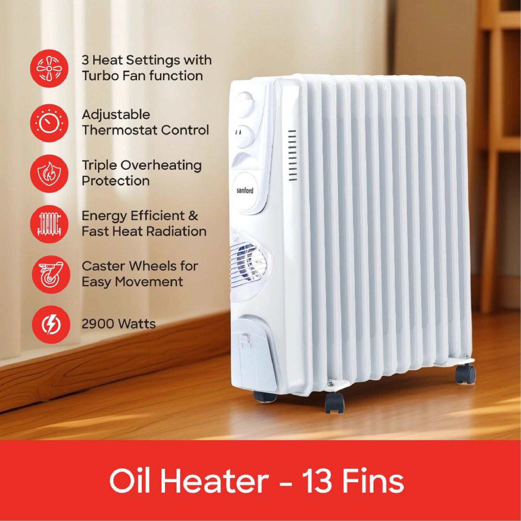 Sanford Oil Room Heater with 13 Fins and 2900W Heating Power and Safety Control and Remote Control - SF12120H Sanford KSA