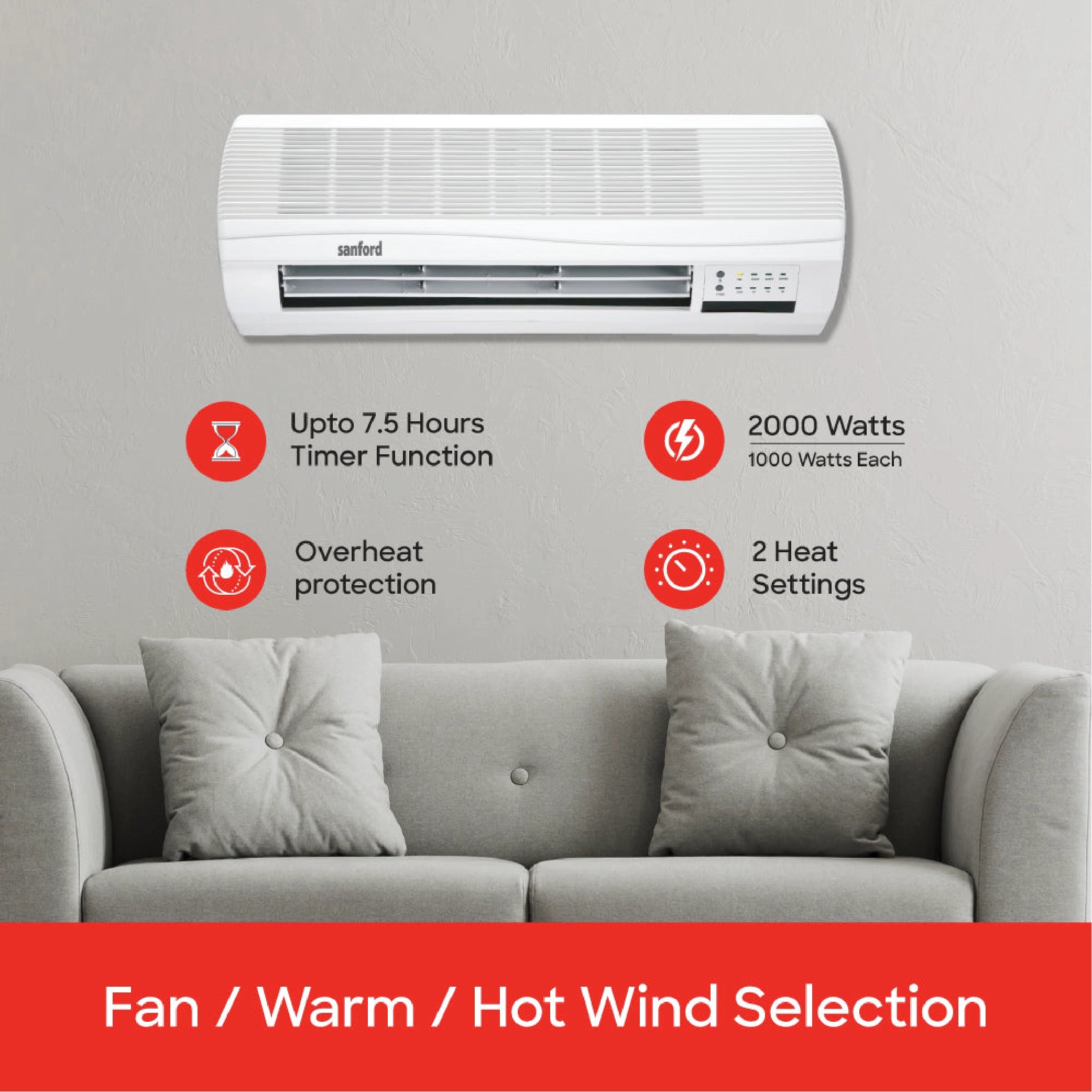 Sanford Wall Room Heater with 2 Heat Settings (1000W / 2000W) and Safety Control and Remote Control - SF1221RH Sanford KSA
