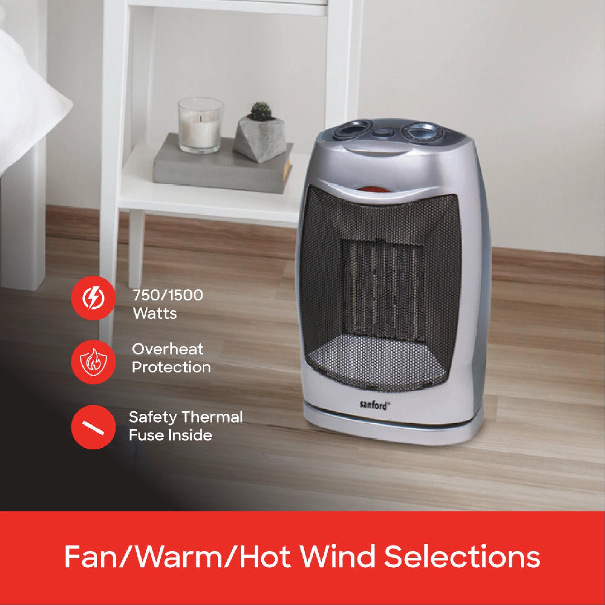 Sanford PTC Fan Room Heater with 2 Heat Settings (750W / 1500W) and Safety Control and Remote Control - SF1229RH Sanford KSA