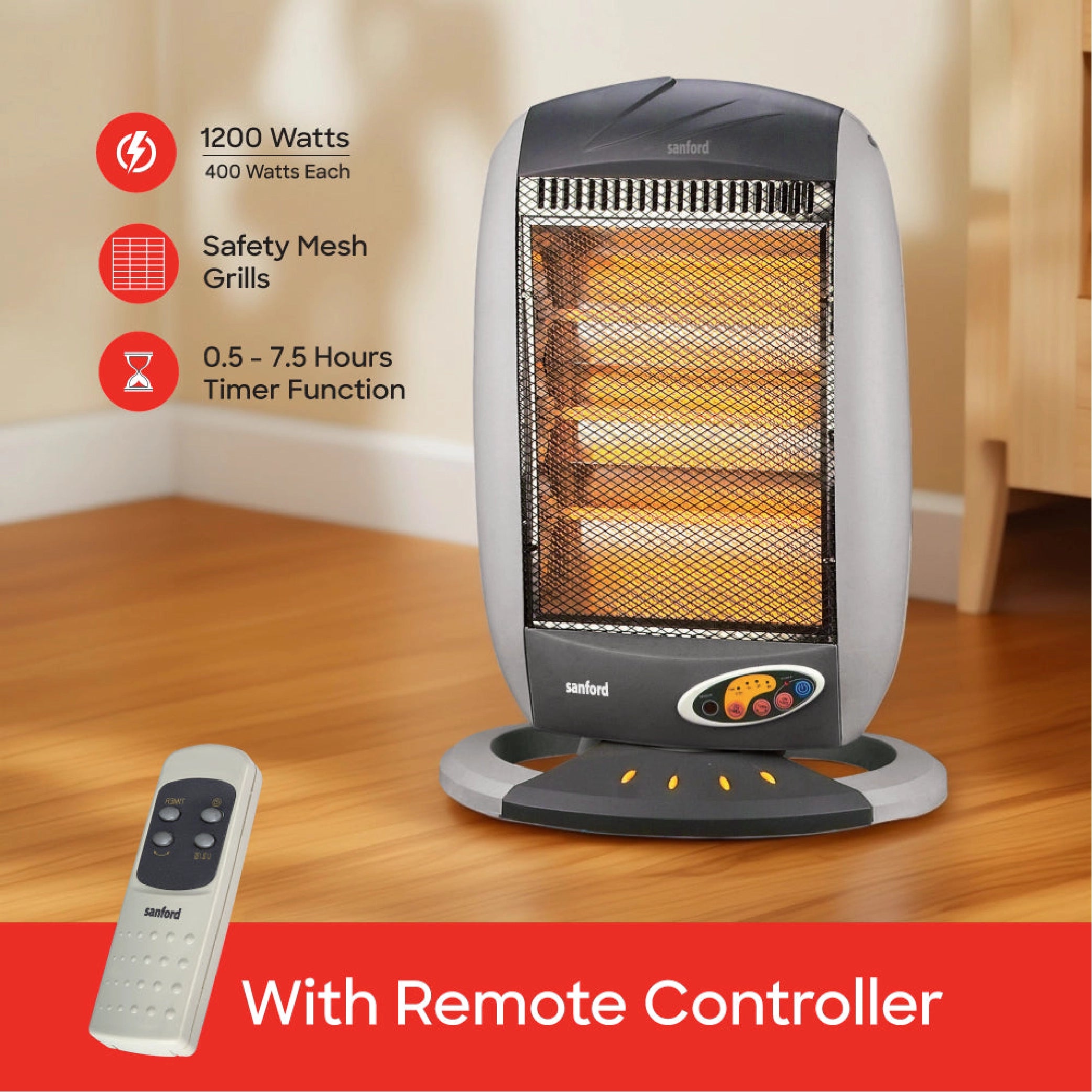 Sanford Halogen Room Heater with 1200W Heating Power and Safety Control and Remote Control - SF1284HRH Sanford KSA