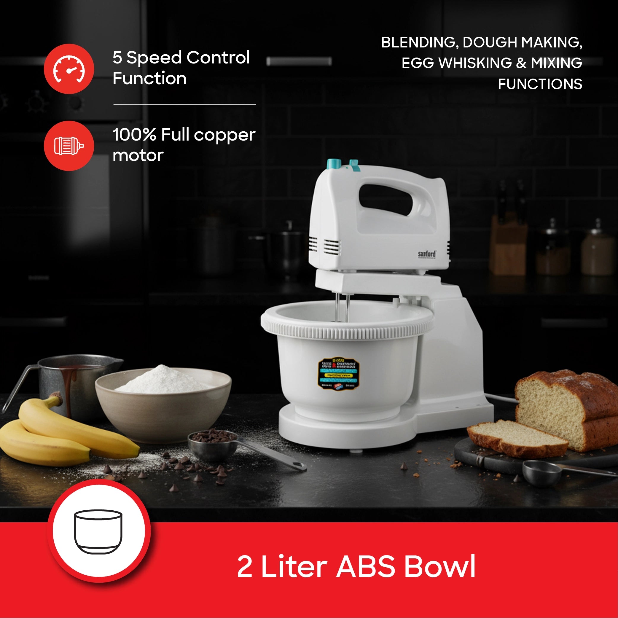 Sanford Stand Mixer With 2L Rotating Bowl and 5 Speed Control - SF1356SM Sanford KSA