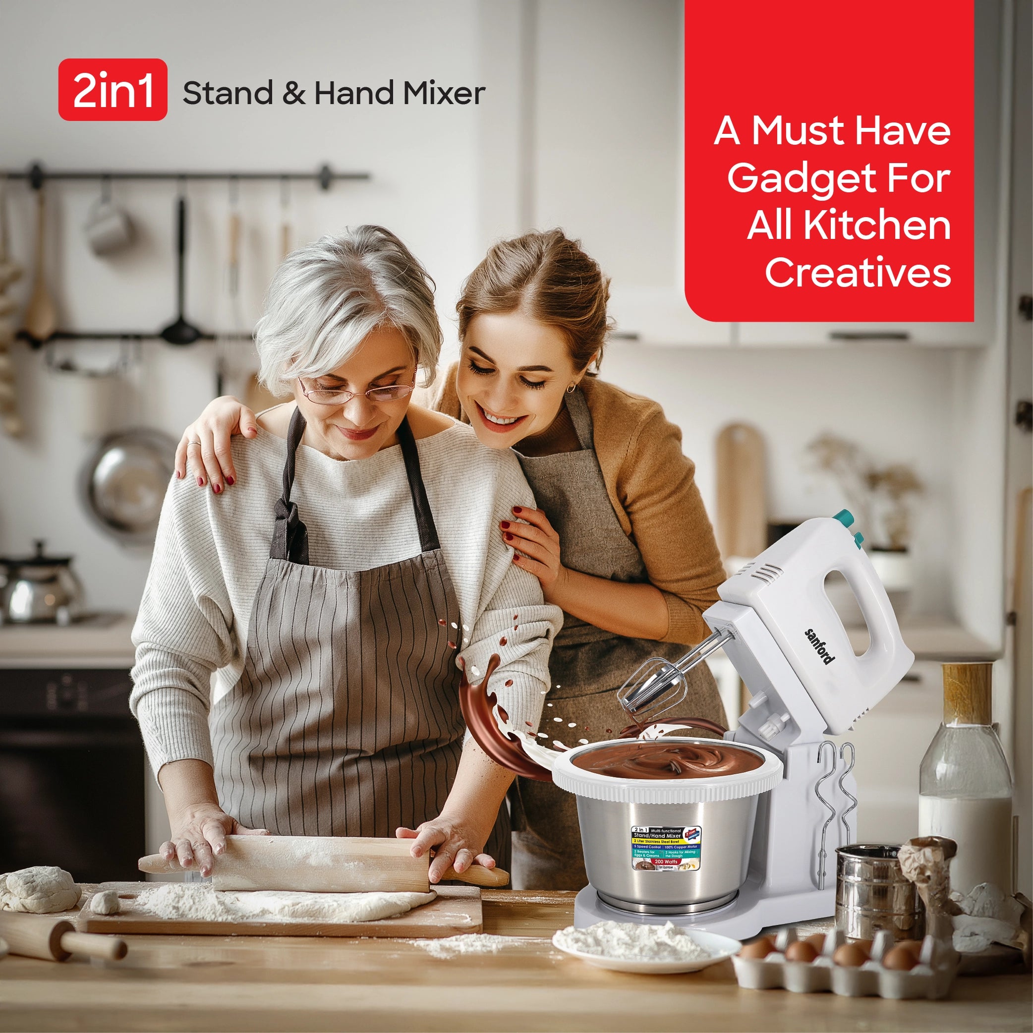 Sanford 2-in-1 Stand Mixer 200W with 2L Stainless Steel Bowl & 5-Speed Control - SF1359SM Sanford KSA