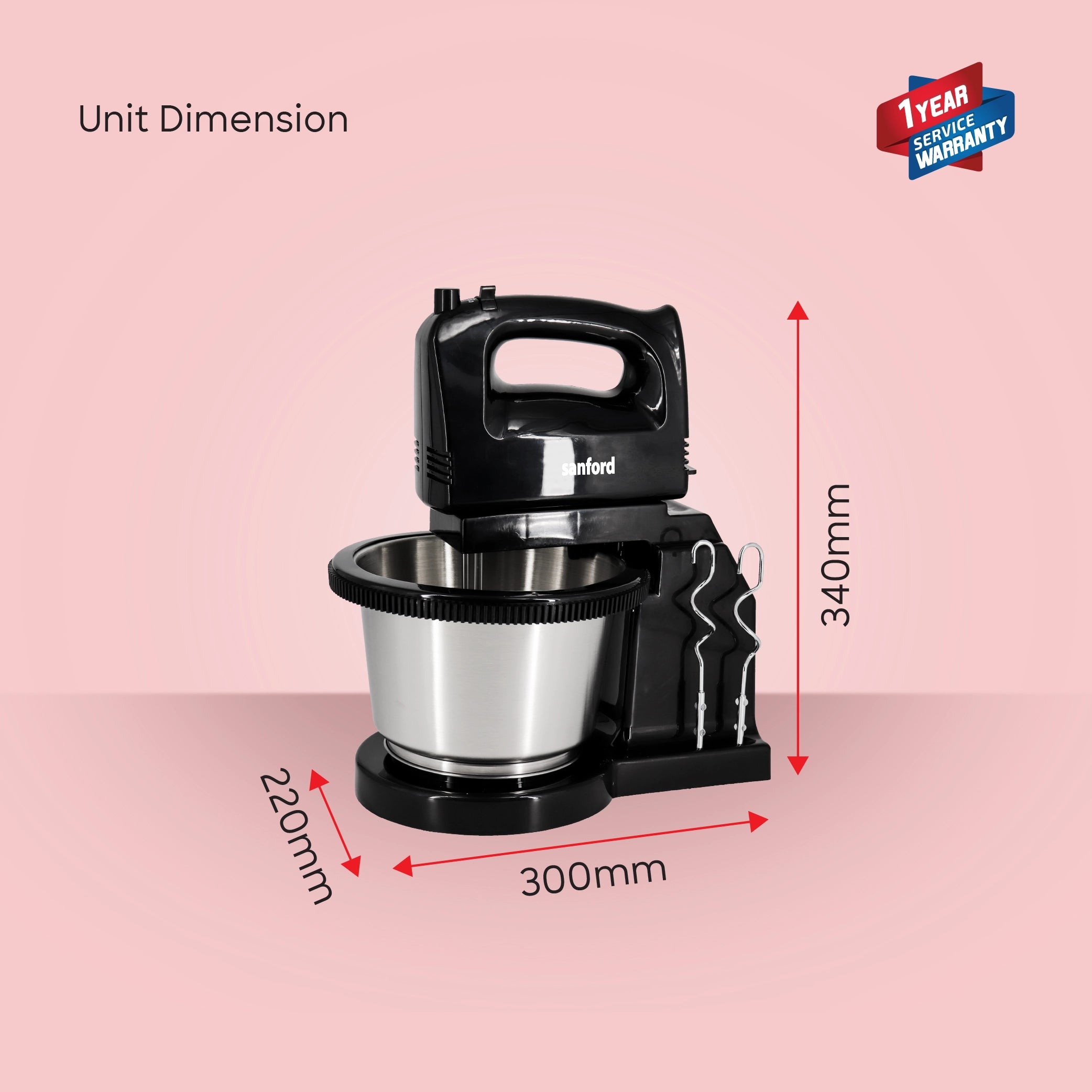 Sanford 2-in-1 Stand Mixer 200W with 2L Stainless Steel Bowl & 5-Speed Control - SF1359SM Sanford KSA