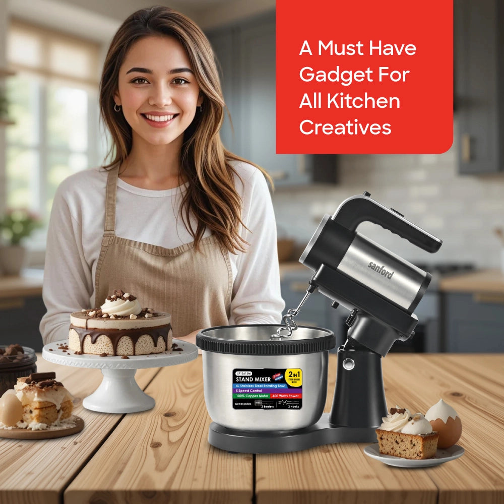 Sanford 2-in-1 Stand Mixer 400W with 4L Stainless Steel Bowl & 5-Speed Control - SF1361SM Sanford KSA