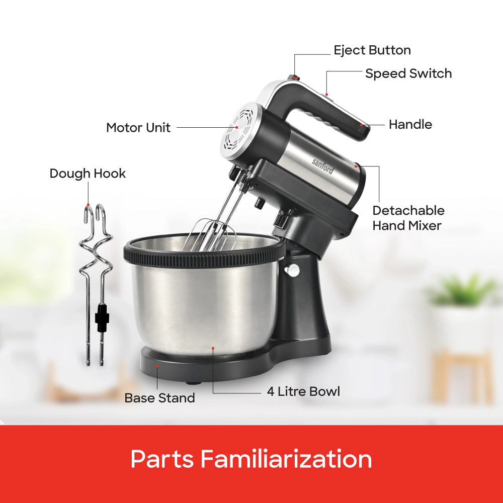 Sanford 2-in-1 Stand Mixer 400W with 4L Stainless Steel Bowl & 5-Speed Control - SF1361SM Sanford KSA