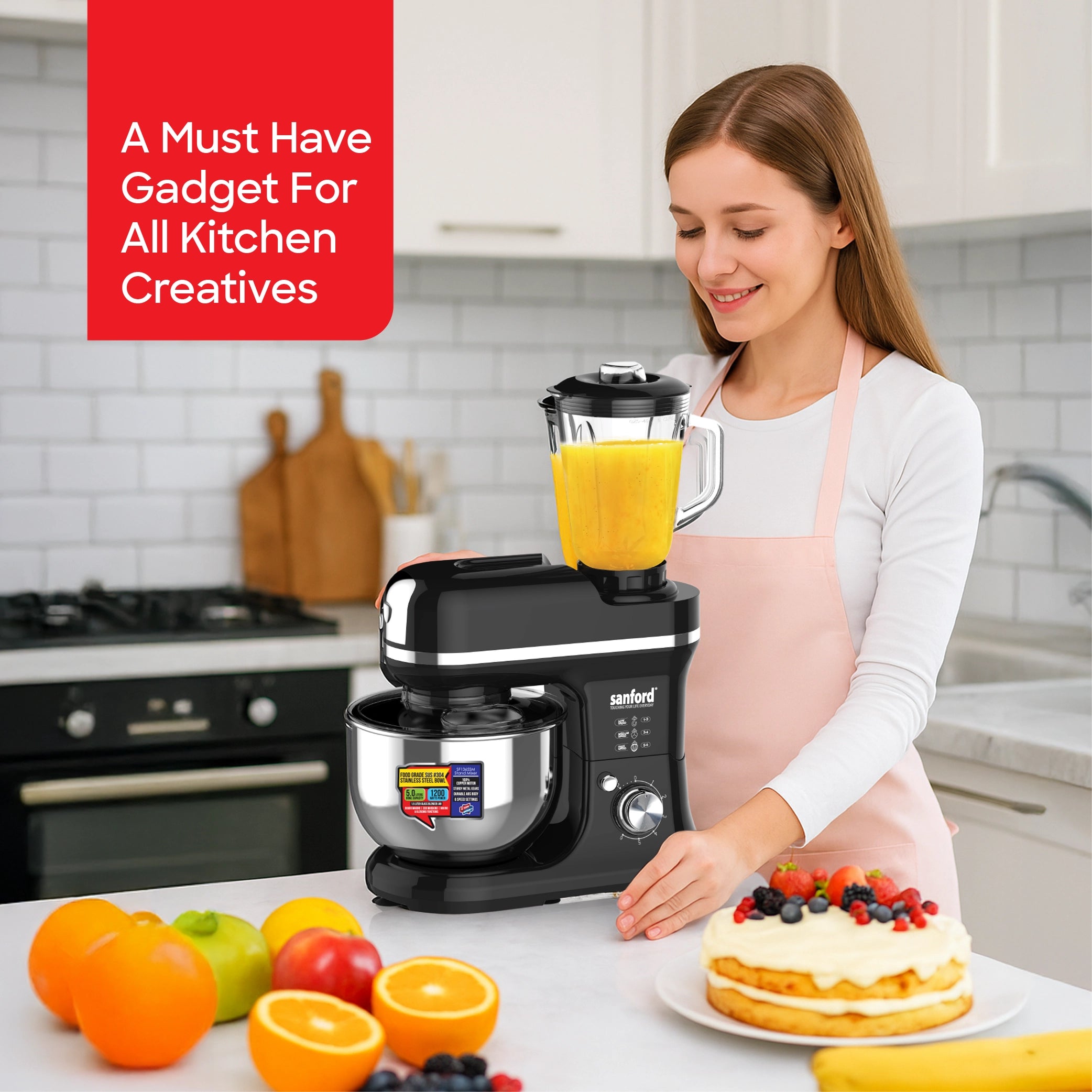 Sanford Stand Mixer with Blender 1200W with 5L Stainless Steel Bowl & 6-Speed Control - SF1365SM Sanford KSA