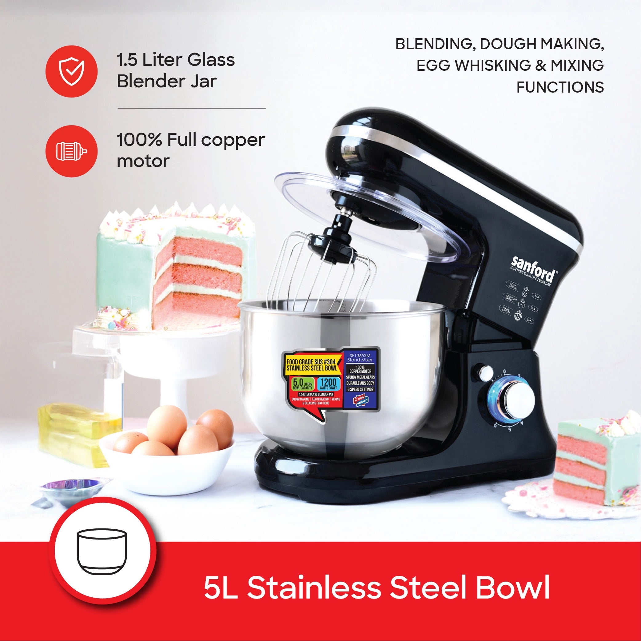 Sanford Stand Mixer with Blender 1200W with 5L Stainless Steel Bowl & 6-Speed Control - SF1365SM Sanford KSA