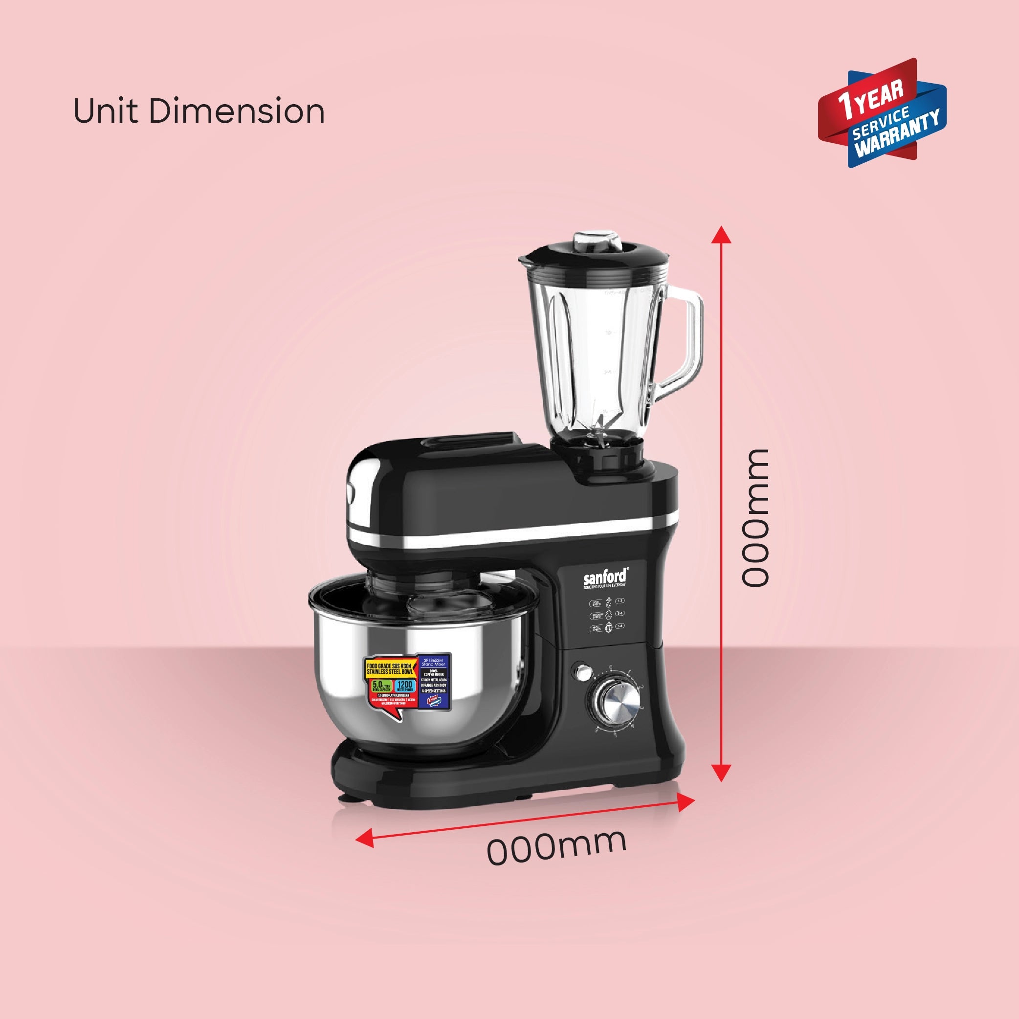 Sanford Stand Mixer with Blender 1200W with 5L Stainless Steel Bowl & 6-Speed Control - SF1365SM Sanford KSA