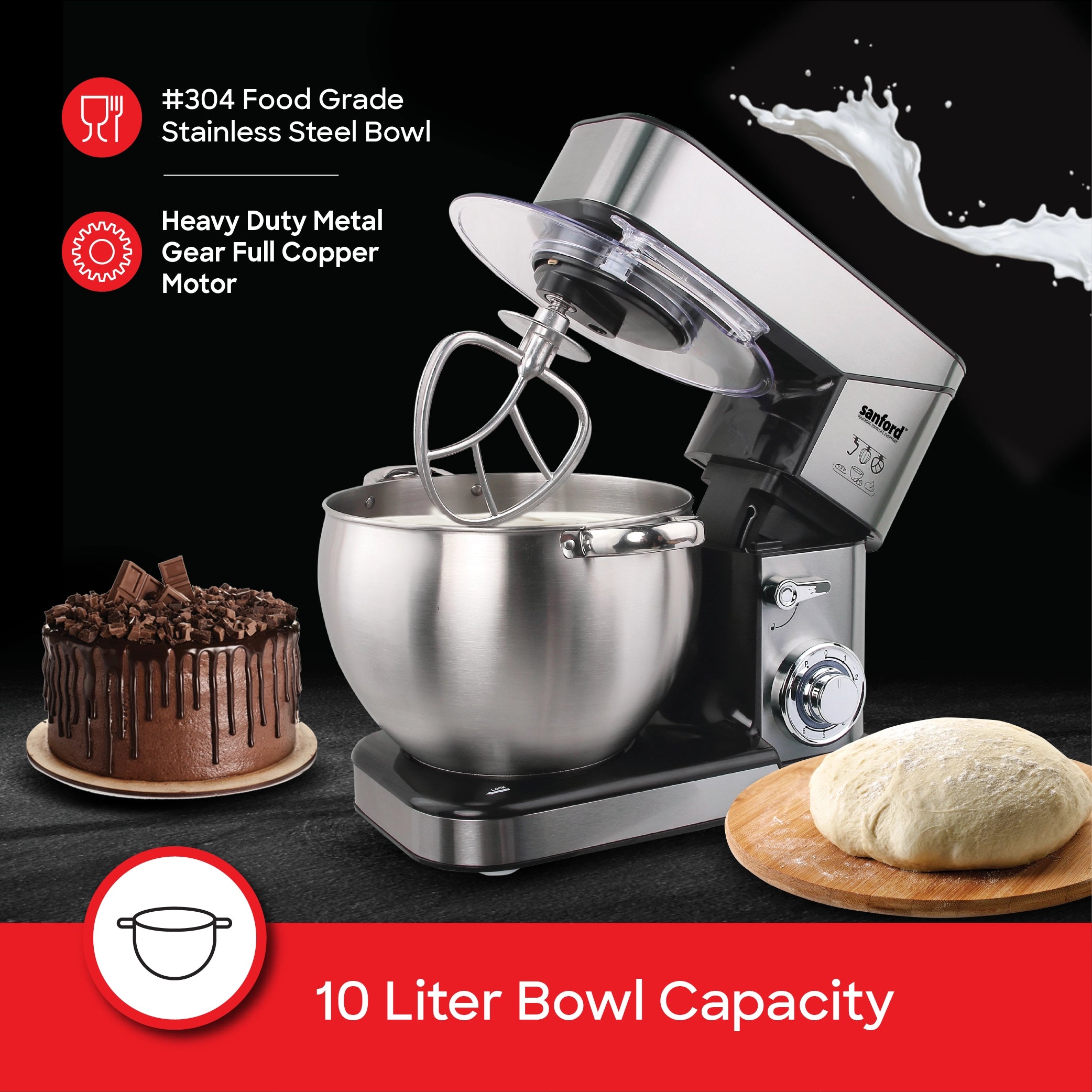 Sanford Stand Mixer 2000W with 10L Stainless Steel Bowl & 6-Speed Control - SF1370SM Sanford KSA