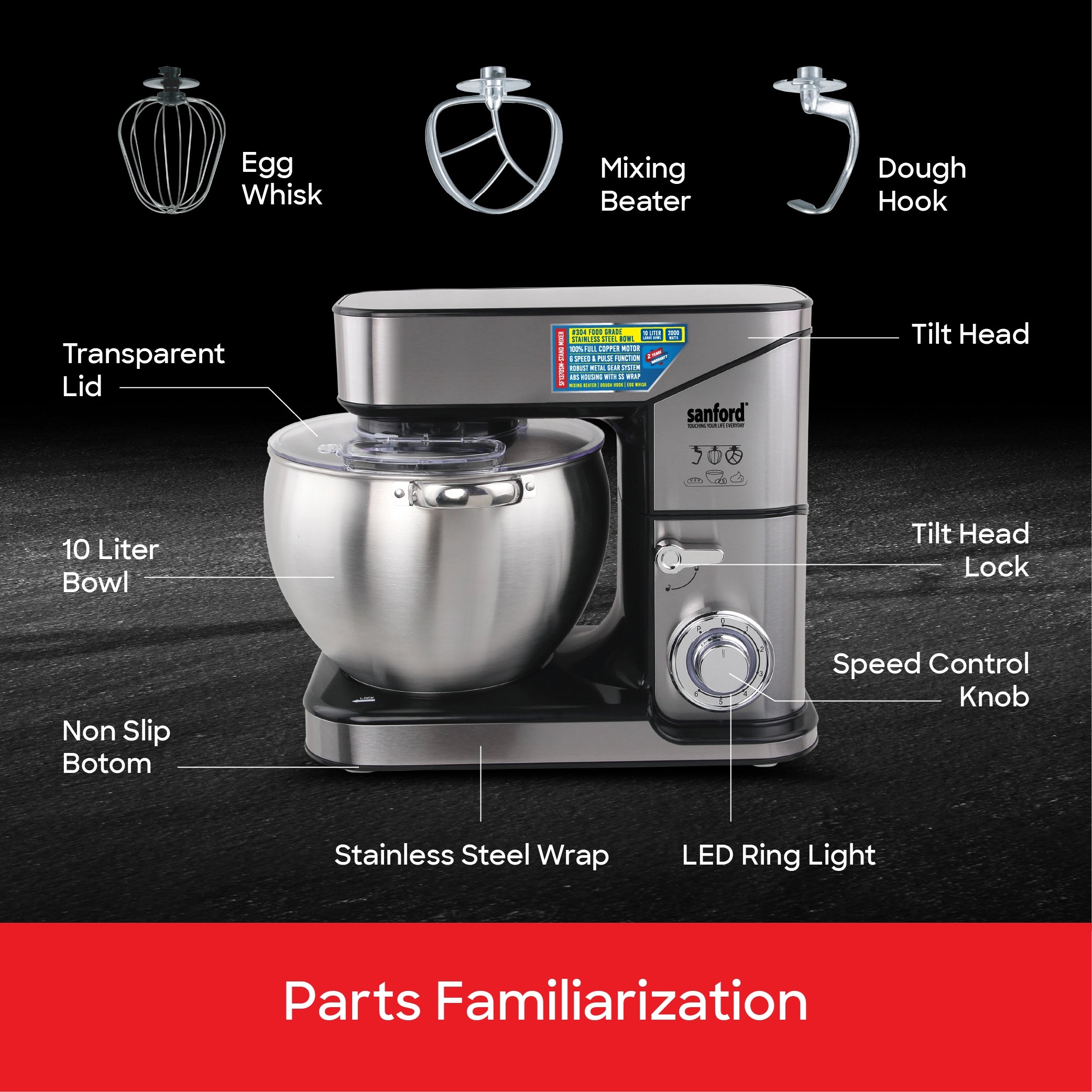 Sanford Stand Mixer 2000W with 10L Stainless Steel Bowl & 6-Speed Control - SF1370SM Sanford KSA