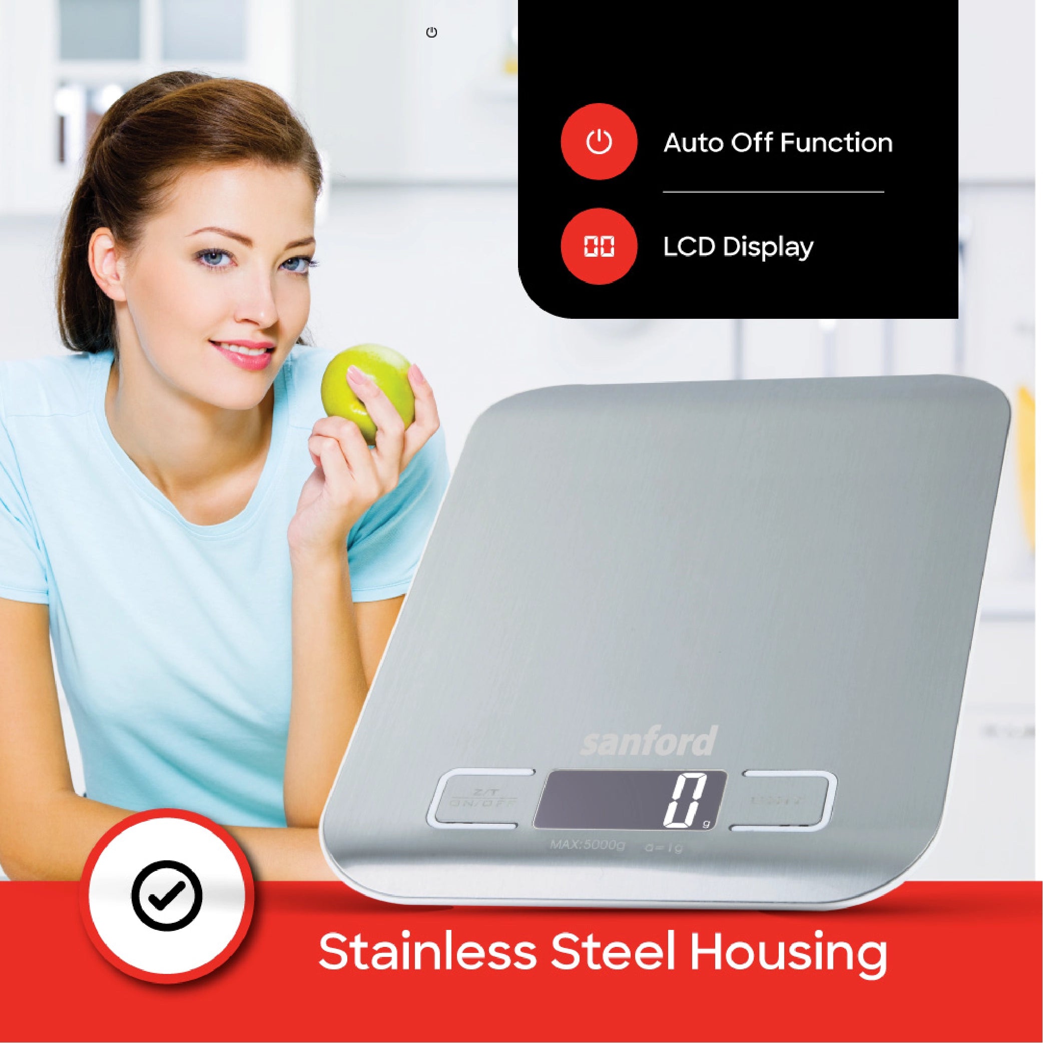 Sanford Digital Kitchen Scale 5kg Capacity with 1g Accuracy & Stainless Steel Platform - SF1511KS Sanford KSA